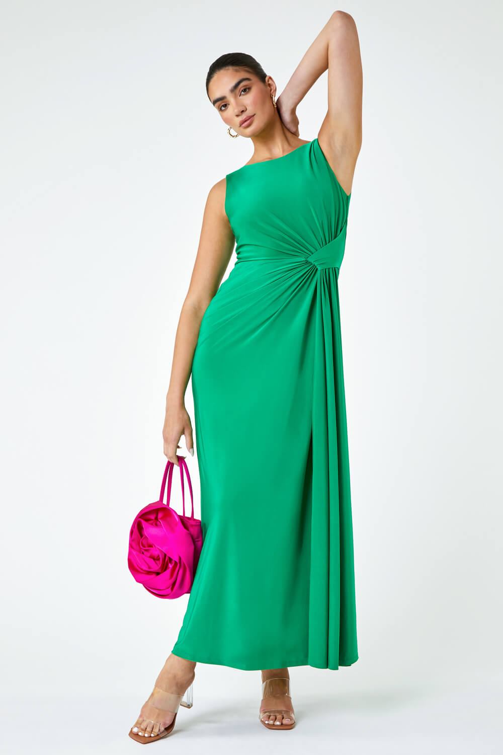 Green Drape Twist Stretch Ruched Maxi Dress, Image 3 of 6