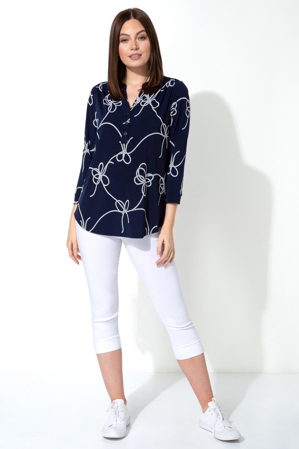 Navy/White Rope Print Button Detail Top, Image 2 of 4
