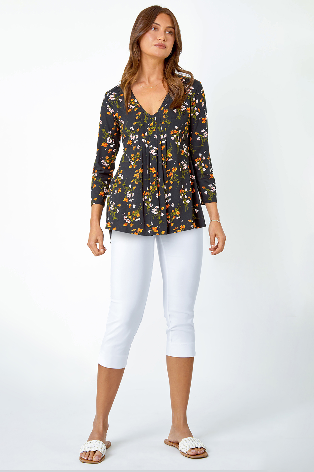 Black Floral Print Swing Stretch Top, Image 2 of 5