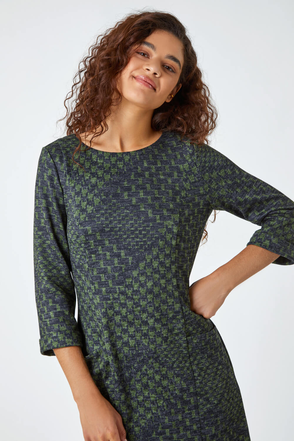 Green Abstract Check Print Shift Stretch Dress, Image 4 of 5