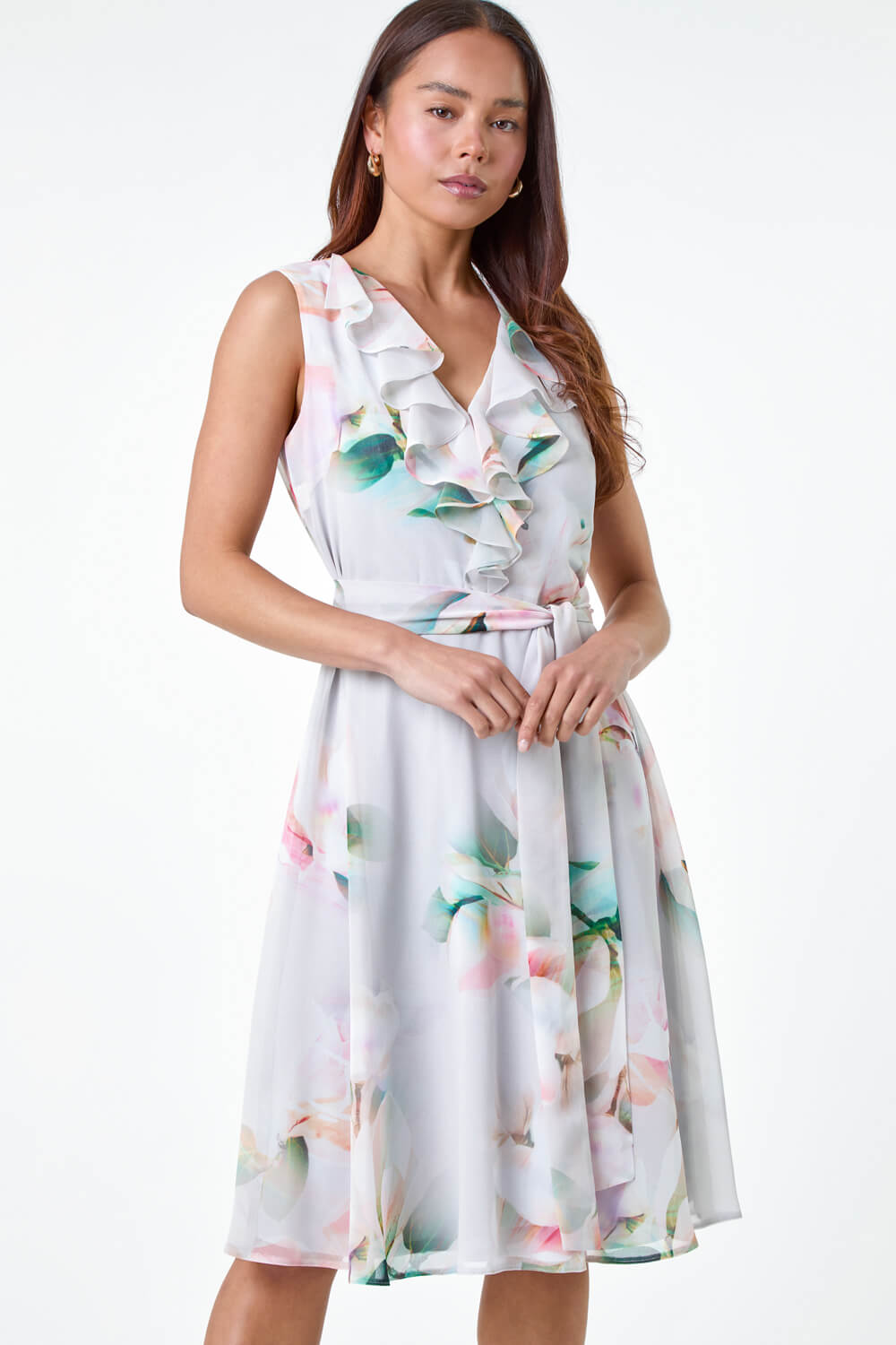Grey Petite Frill Detail Floral Dress, Image 4 of 5