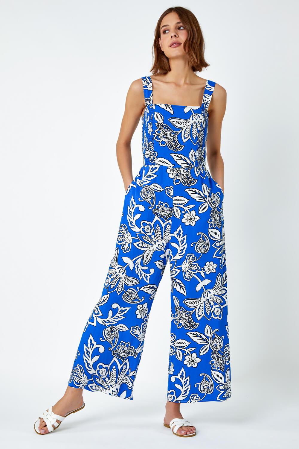 Royal Blue Floral Print Stretch Shirred Jumpsuit, Image 3 of 6