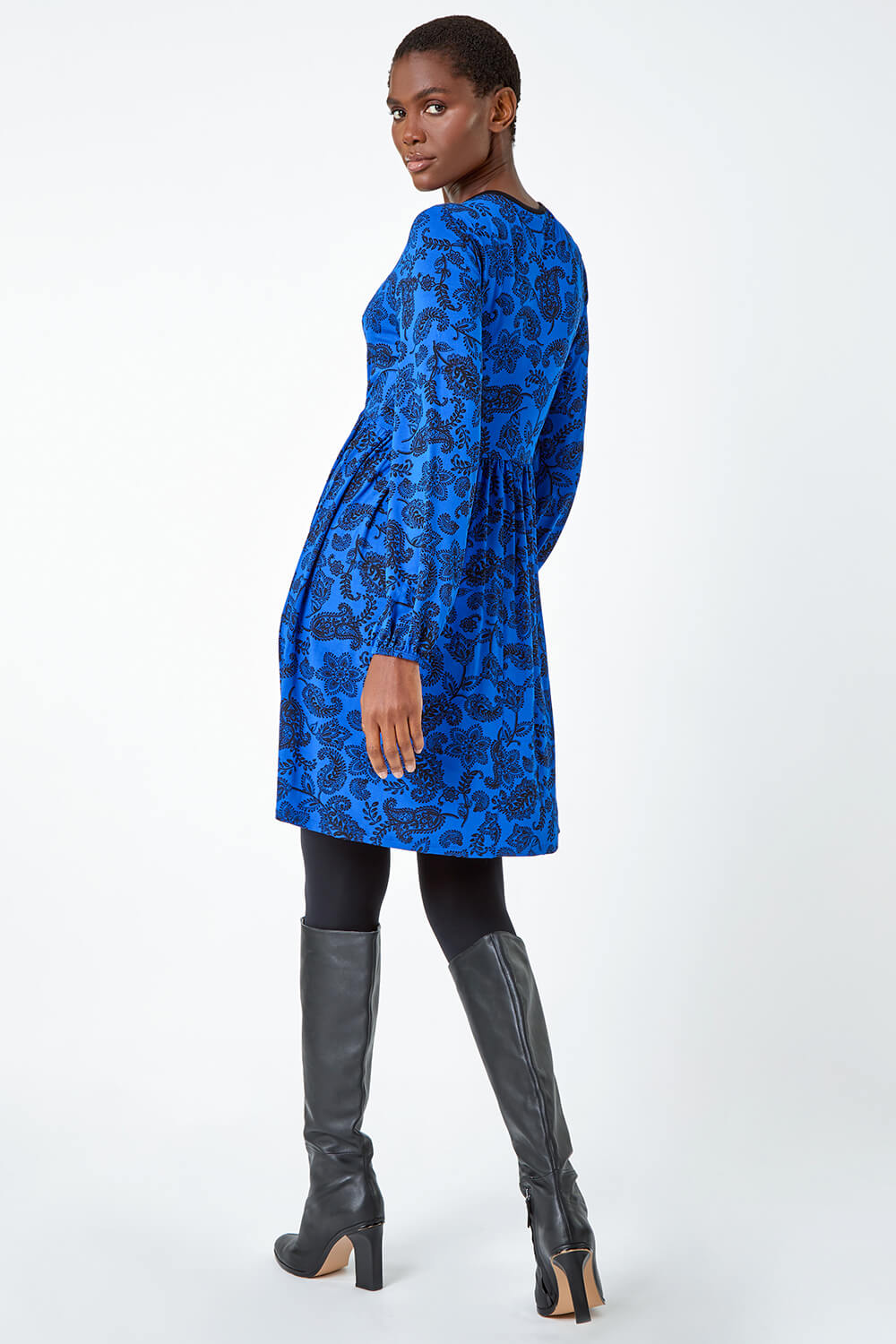 Royal Blue Floral Print Stretch Jersey Dress, Image 3 of 5