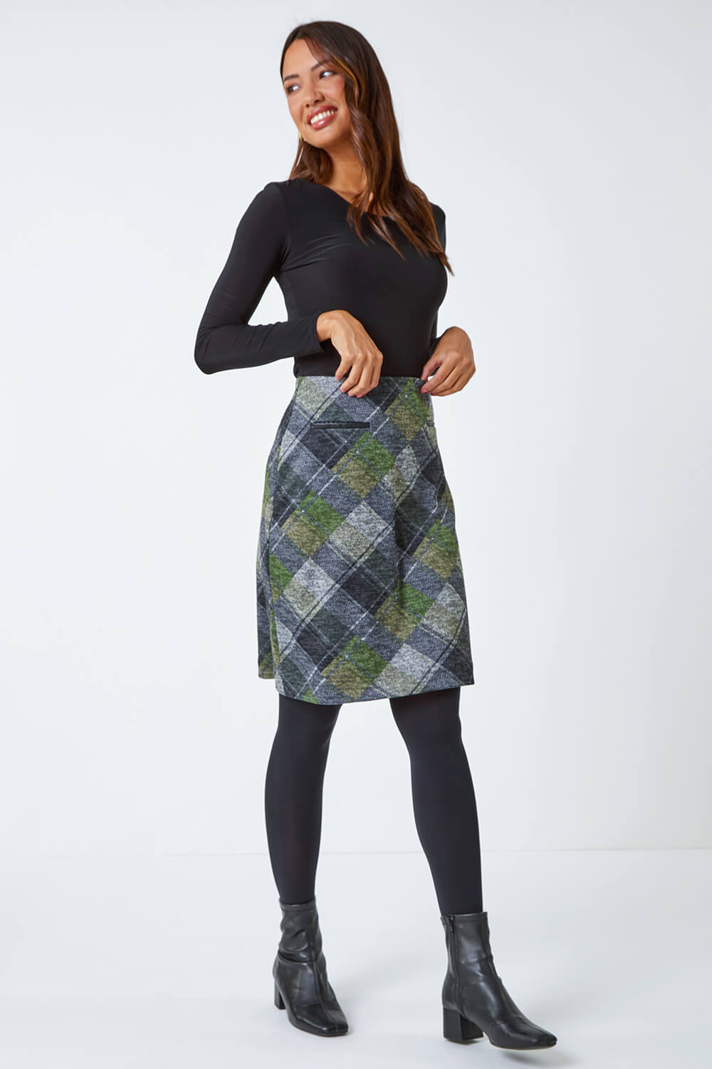 Green Check Print Pocket Stretch Skirt, Image 2 of 5