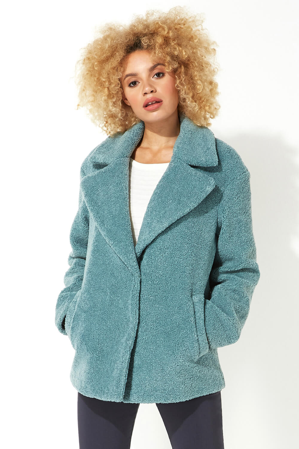 Short Soft Faux Fur Teddy Coat in Sage - Roman Originals UK