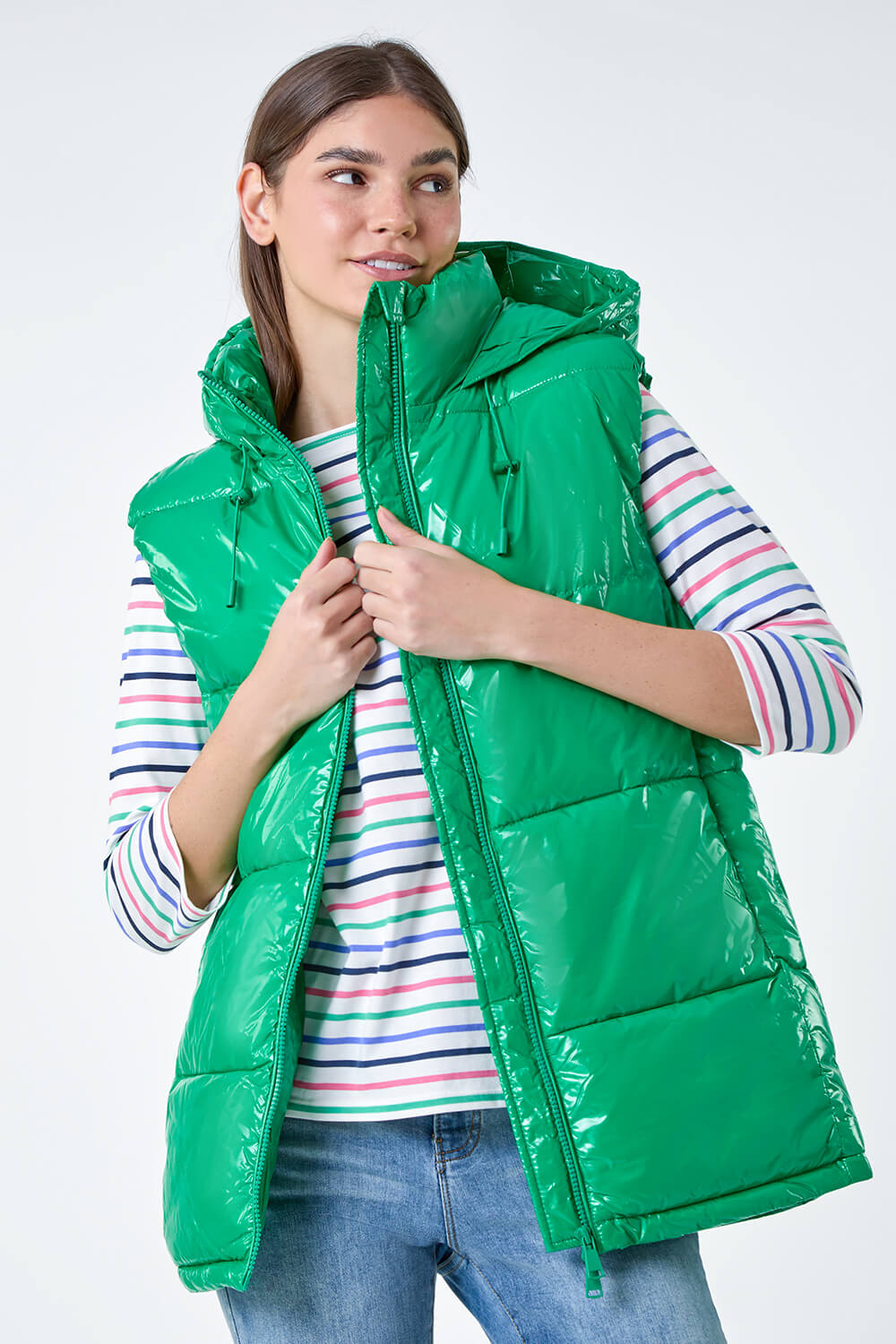 Green Patent Hooded Gilet, Image 4 of 6