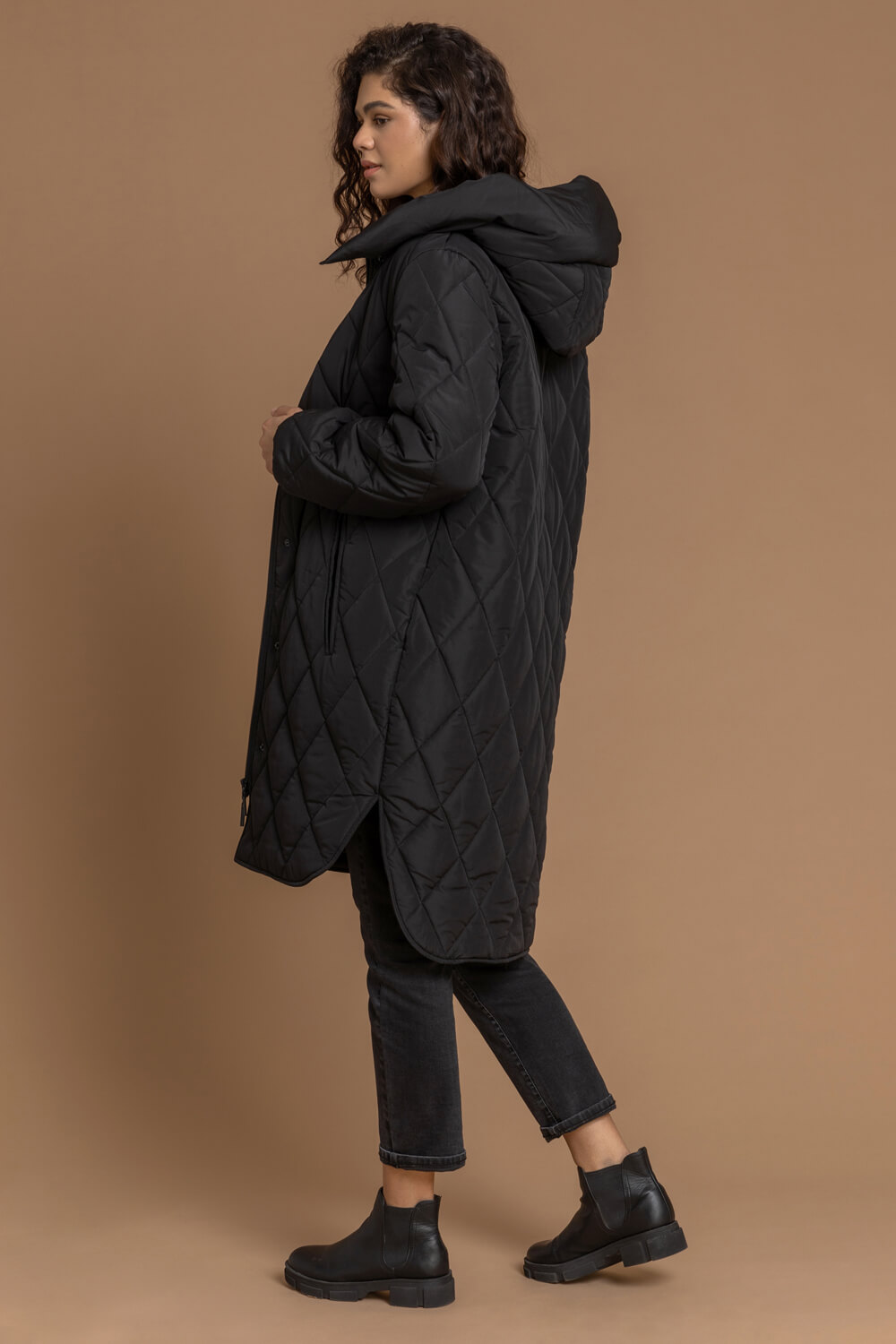 Black Hooded Longline Quilted Coat, Image 2 of 5