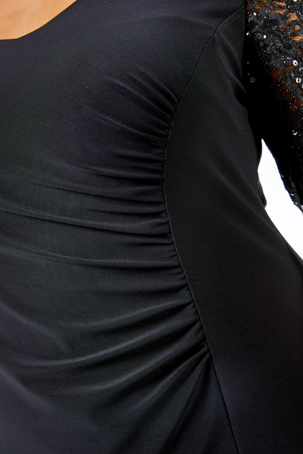 Black Curve Lace Sleeve Stretch Shift Dress, Image 5 of 5