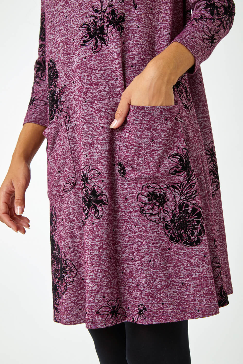 Wine Floral Pocket Swing Stretch Dress, Image 5 of 5