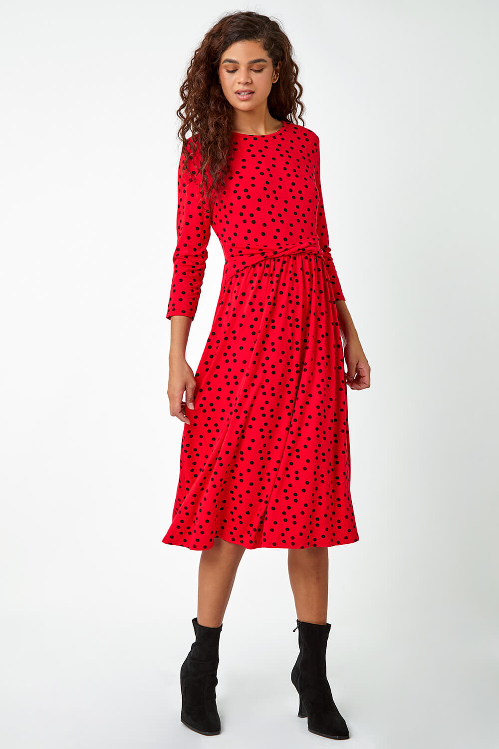 Red Twist Waist Spot Print Stretch Dress, Image 2 of 5