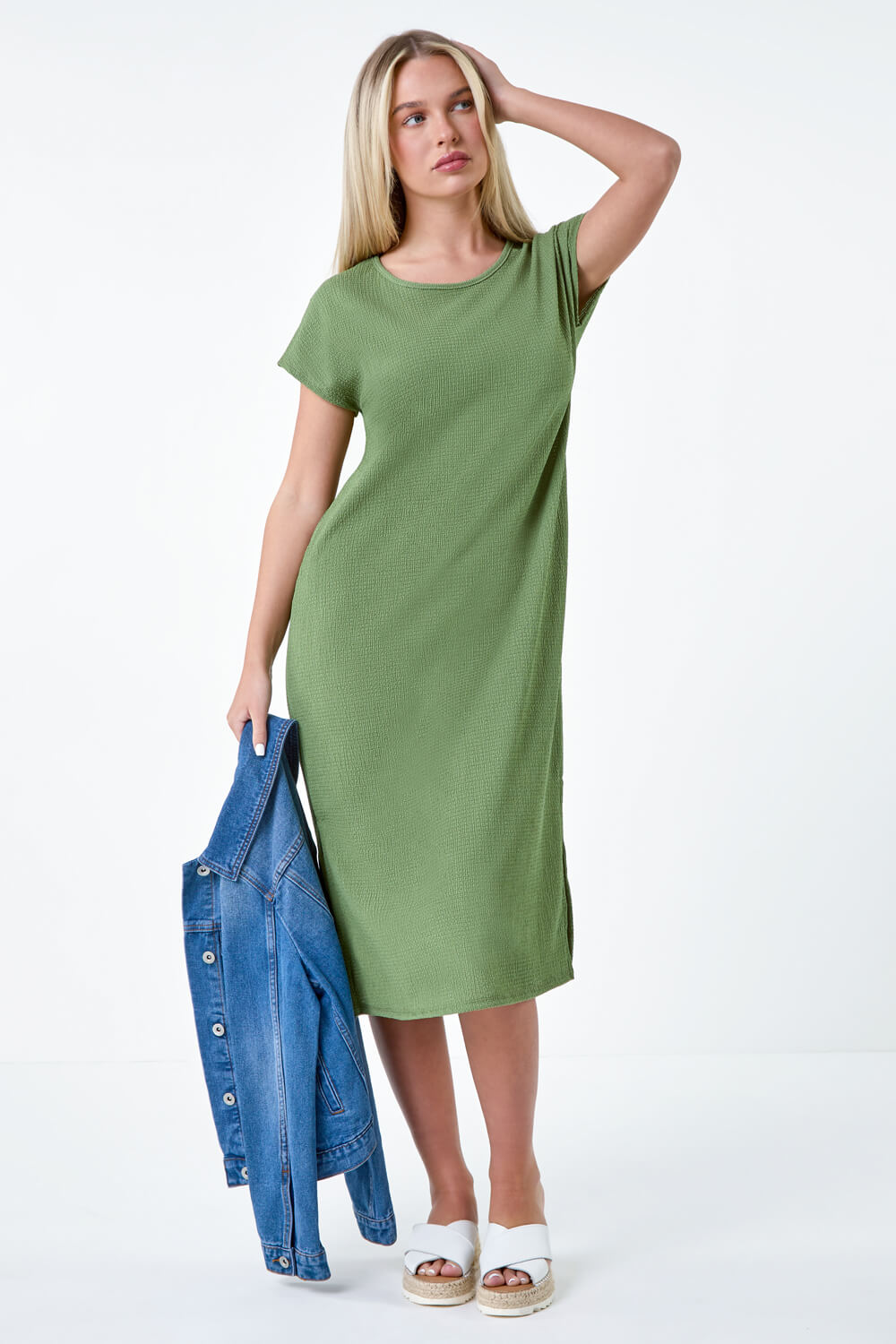 KHAKI Petite Textured T-Shirt Stretch Midi Dress, Image 2 of 5