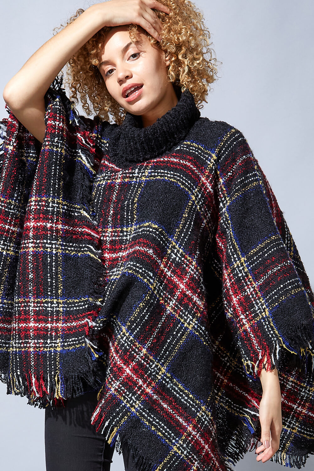 Multi  One Size Tartan Knitted Poncho, Image 3 of 4