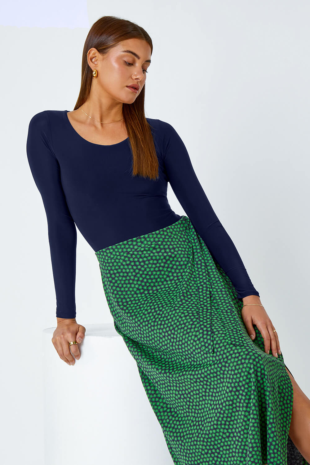Green Cotton Blend Spot Print Midi Wrap Skirt, Image 4 of 5