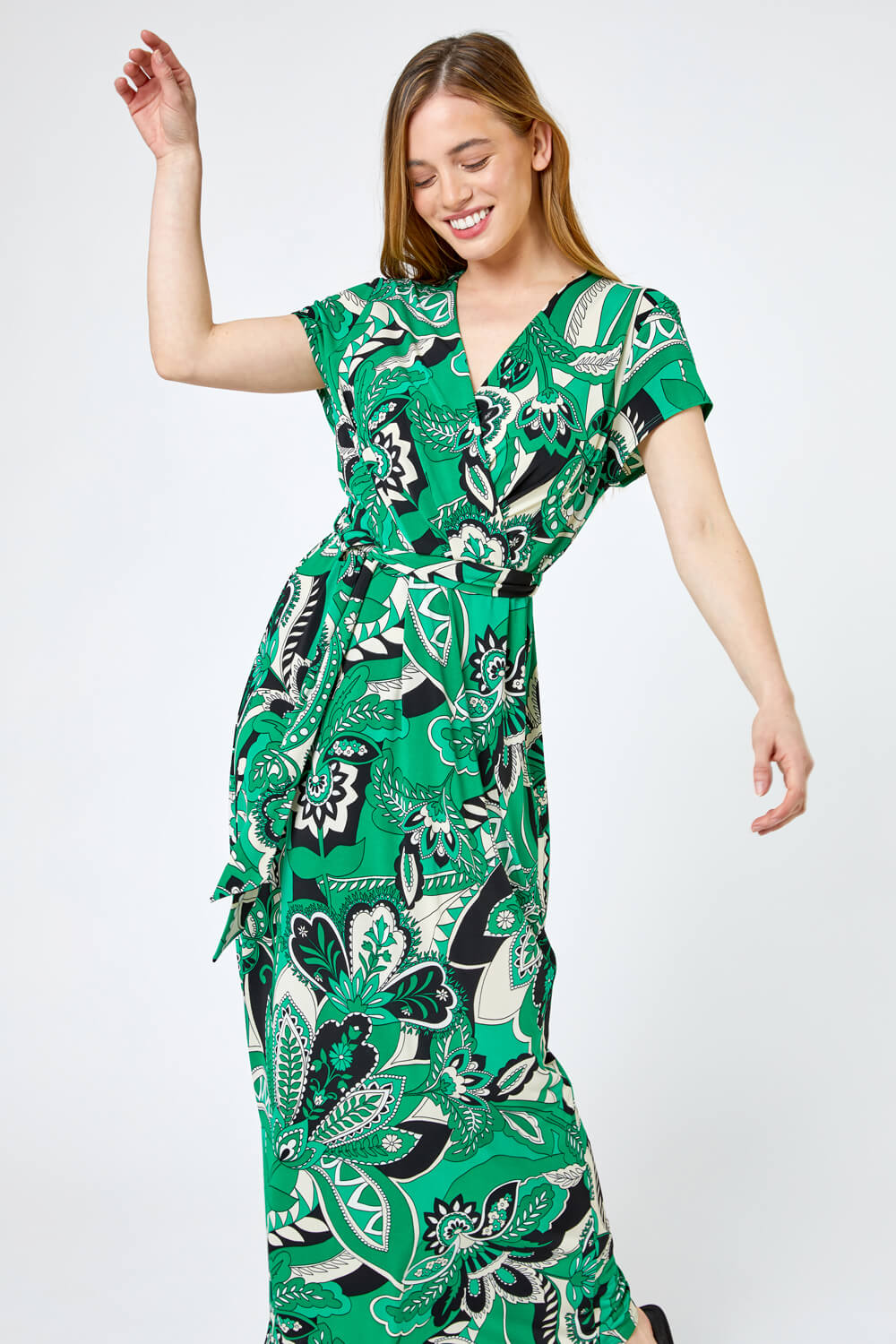 Green Petite Paisley Print Tie Waist Maxi Dress, Image 4 of 4
