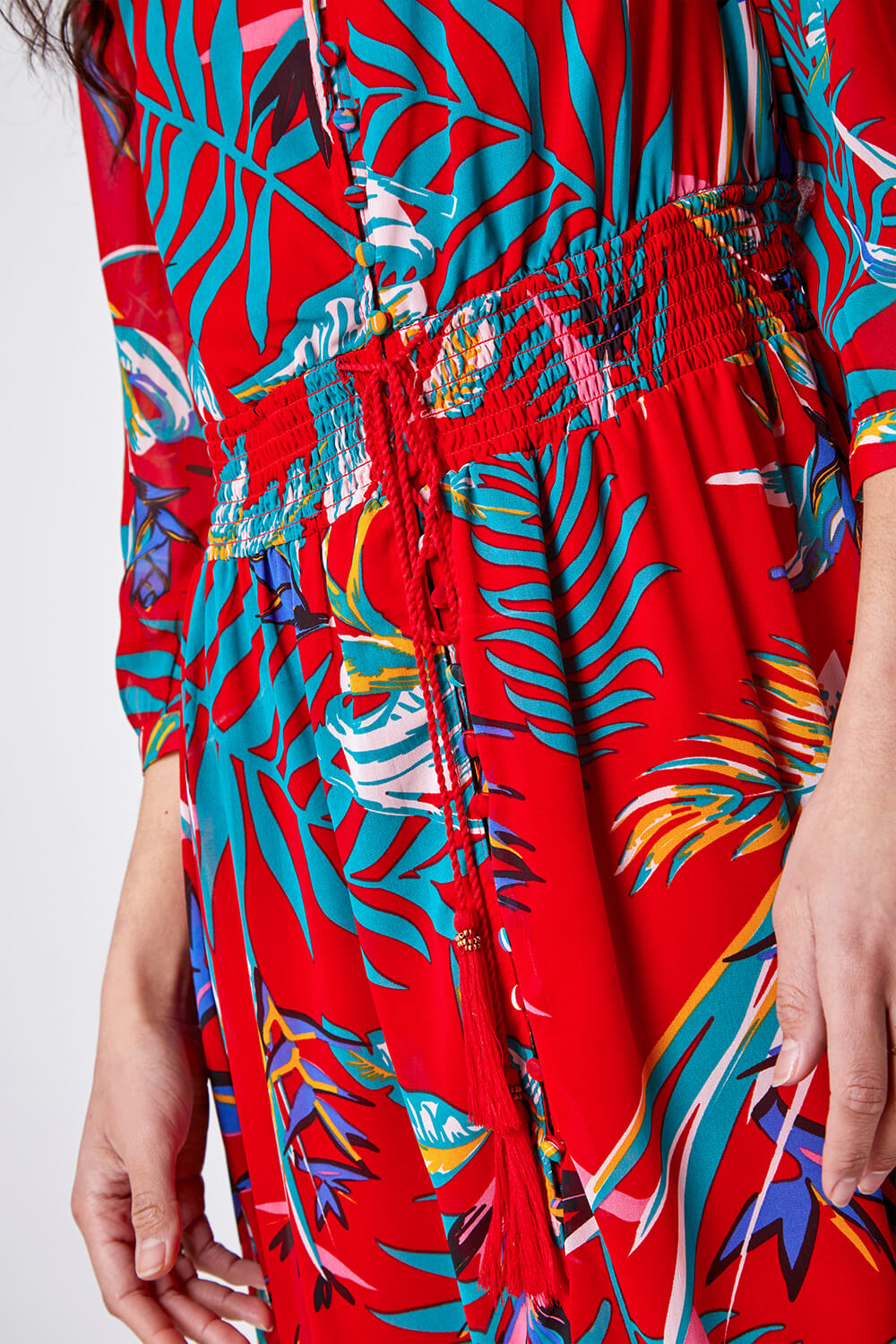 Red Tropical Print Belted Maxi Dress, Image 6 of 6
