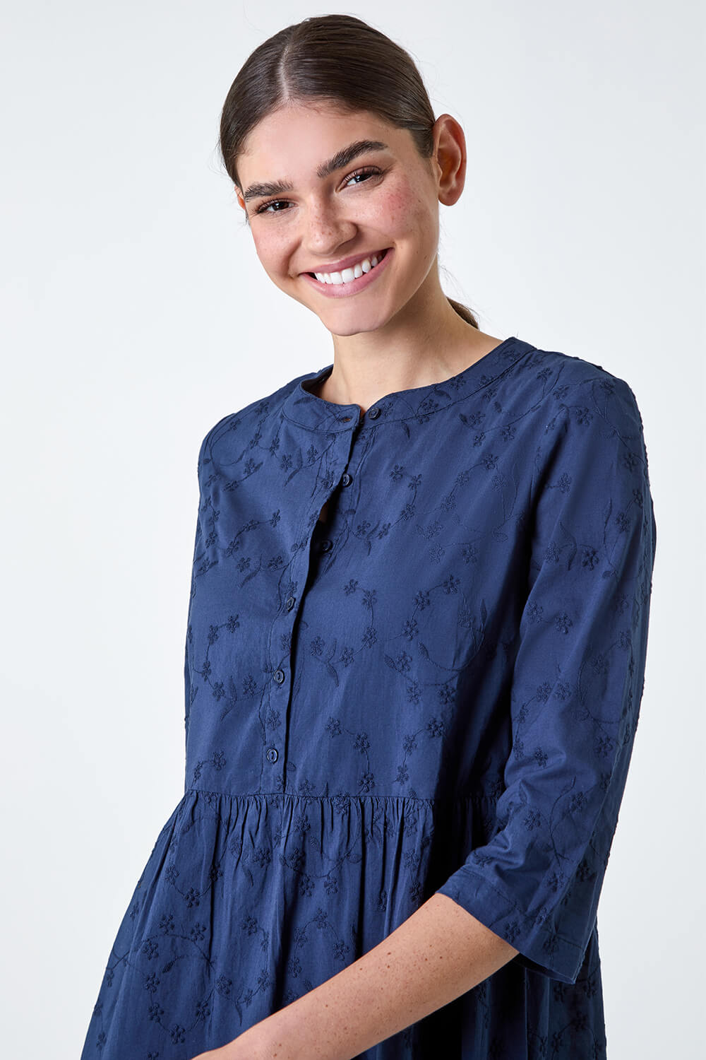 Navy  Embroidered Tiered Cotton Midi Dress, Image 3 of 5