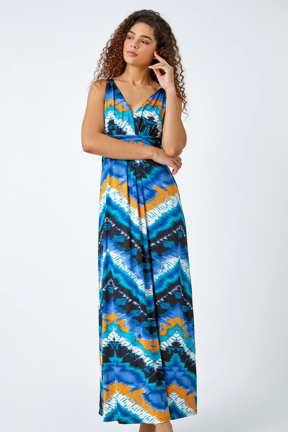 Navy  Abstract Print Maxi Stretch Dress, Image 2 of 5