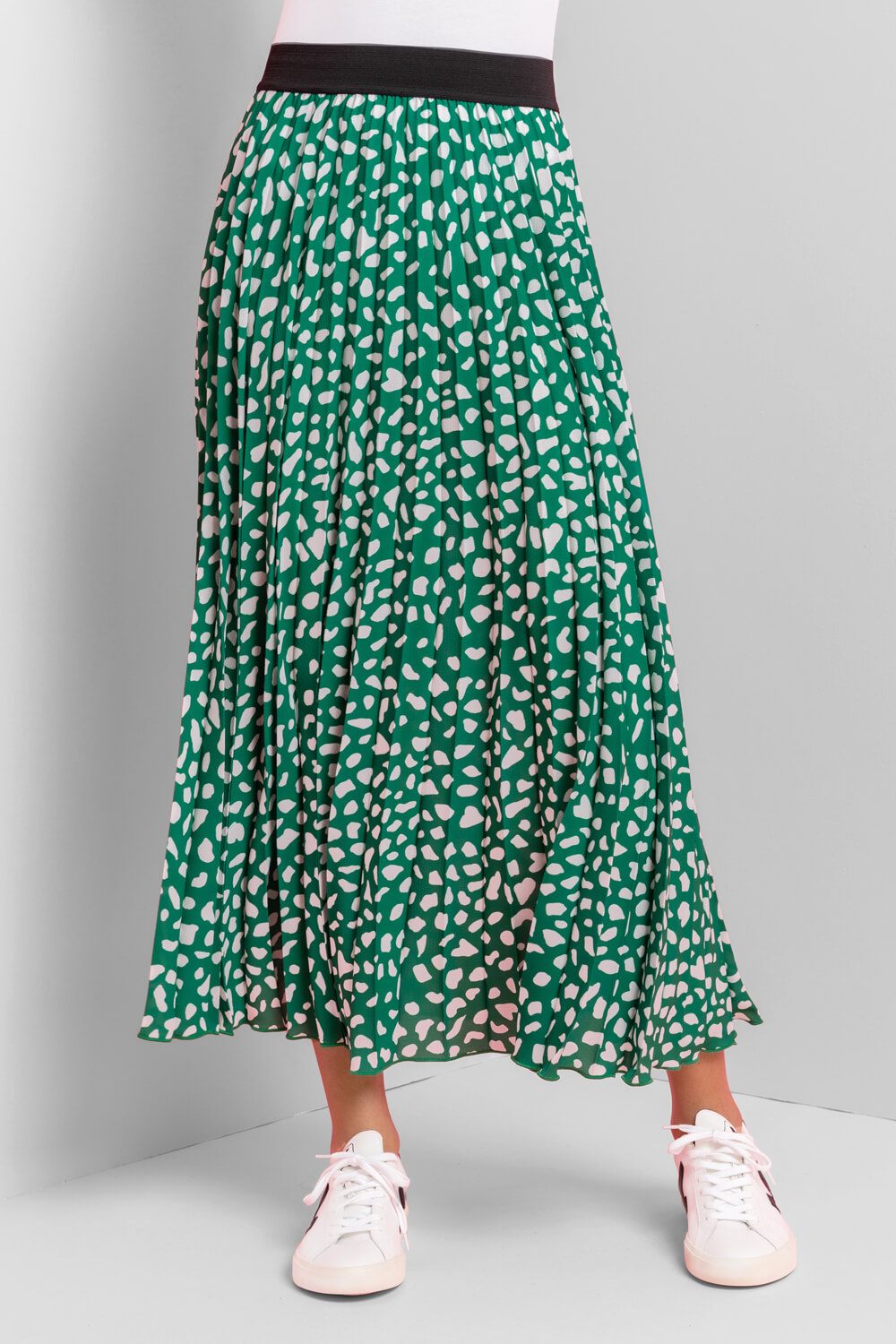 Green Abstract Spot Pleated Midi Skirt, Image 2 of 4