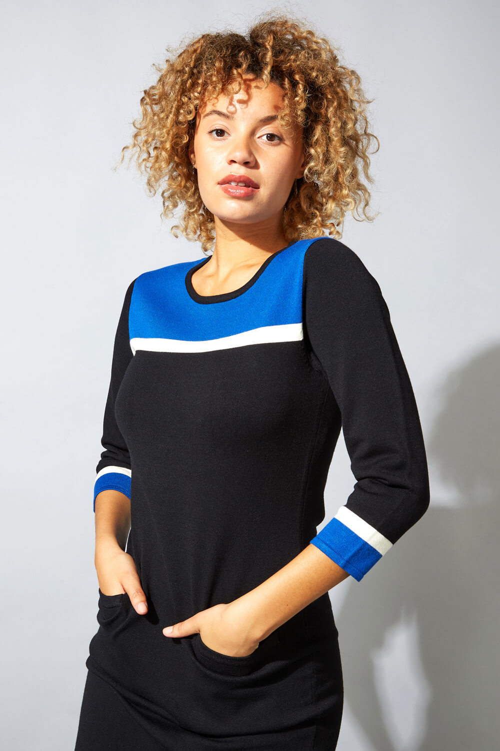 Royal Blue Colour Block Knitted Dress, Image 4 of 4