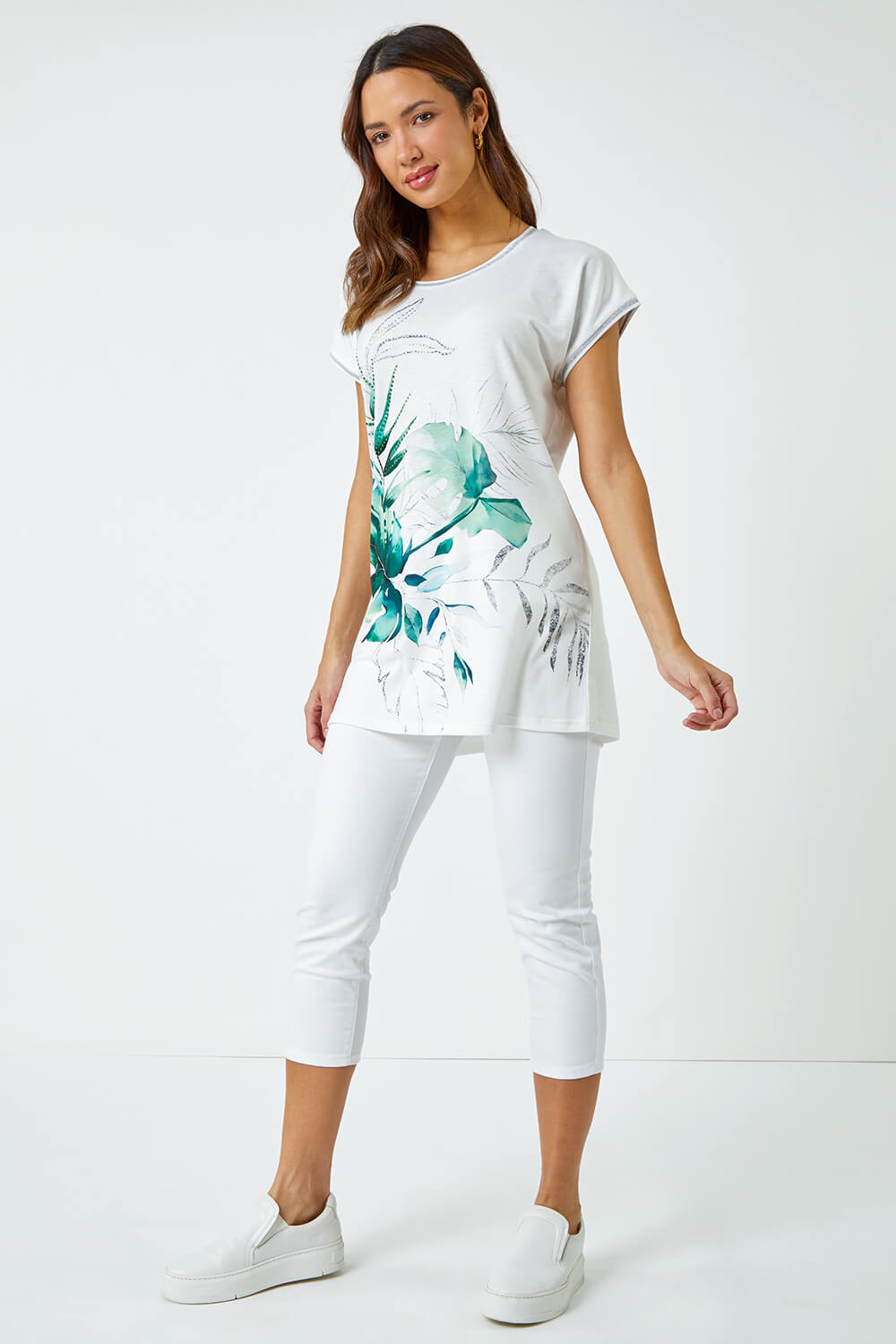 Green Palm Print Embellished Tunic Top, Image 2 of 5