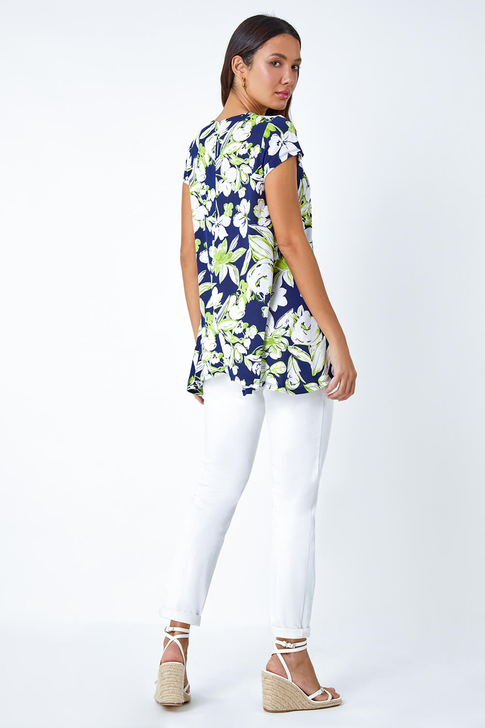 Lime Textured Floral Stretch Hanky Hem Top, Image 3 of 5