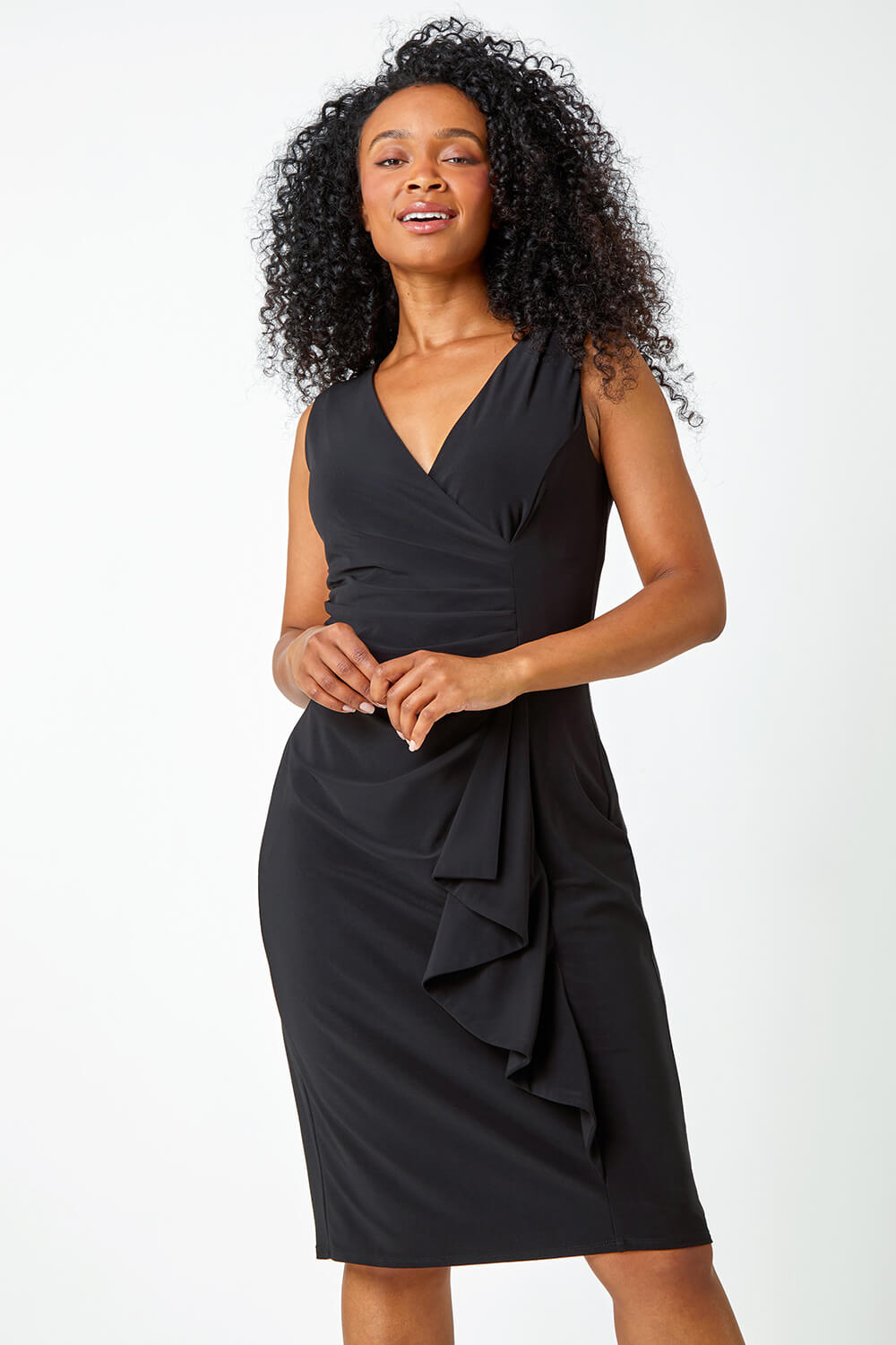 Petite Ruched Waterfall Stretch Dress