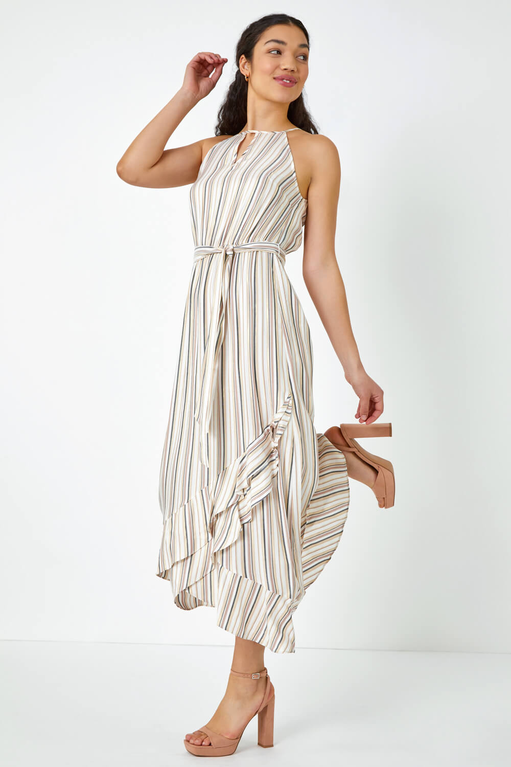 White Stripe Print Frill Detail Maxi Dress, Image 2 of 5