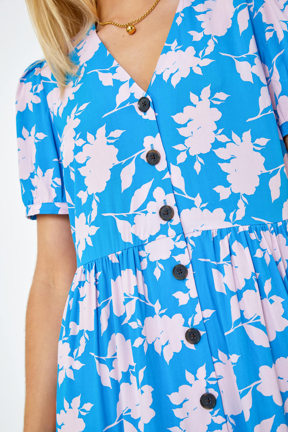Blue Floral Print Button Detail Maxi Dress, Image 5 of 5