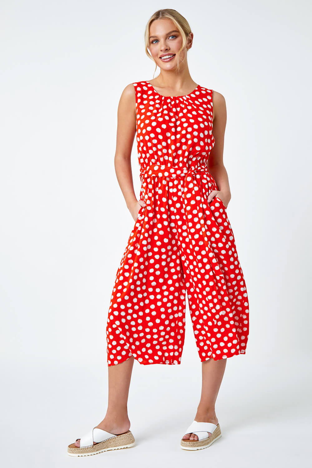 Red Petite Polka Dot Cropped Jumpsuit, Image 2 of 5