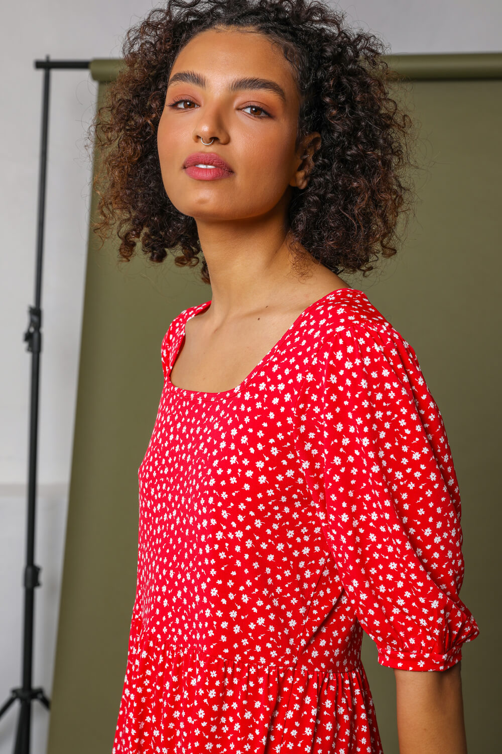 Red Ditsy Floral Peplum Jersey Top, Image 5 of 5