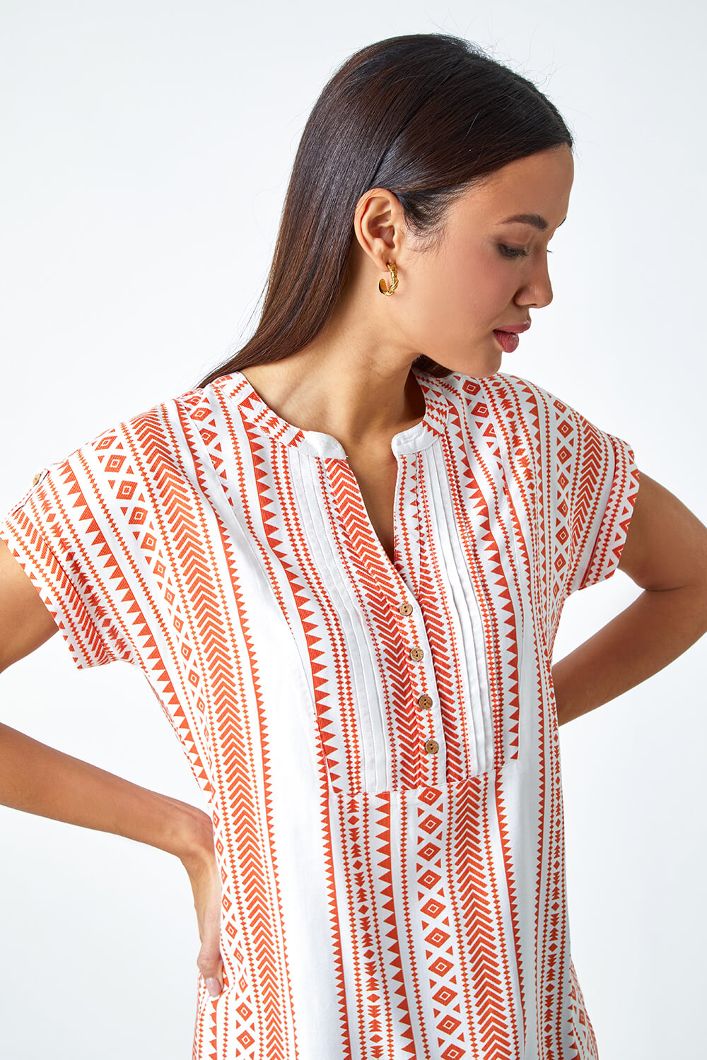 Red Aztec Print Button Detail Top, Image 4 of 5
