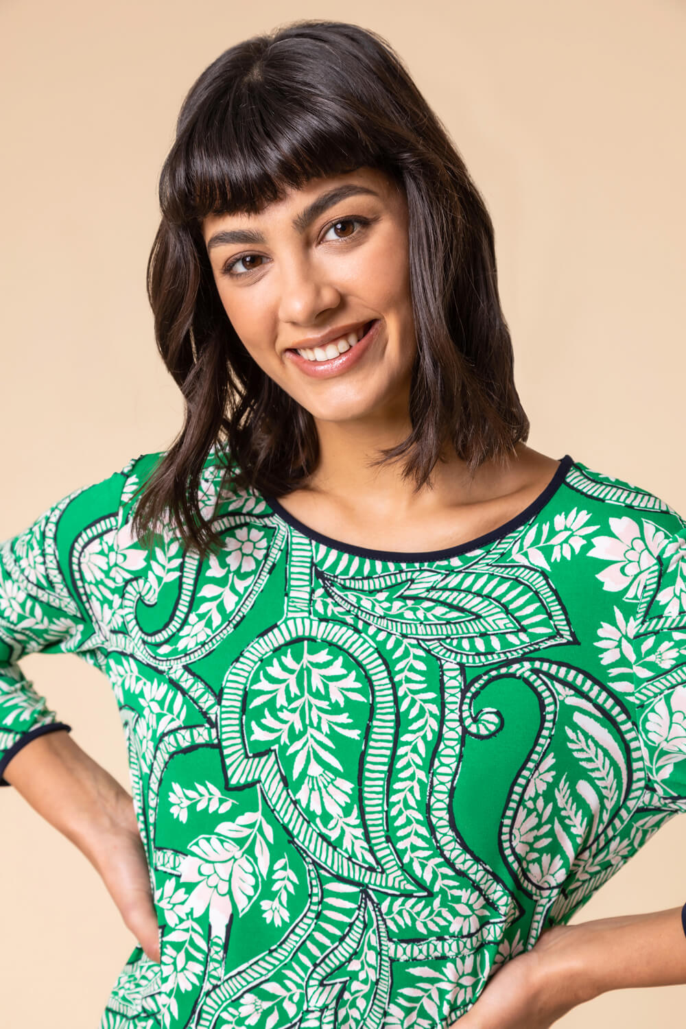 Green Paisley Print Contrast Trim Tunic Top, Image 4 of 4