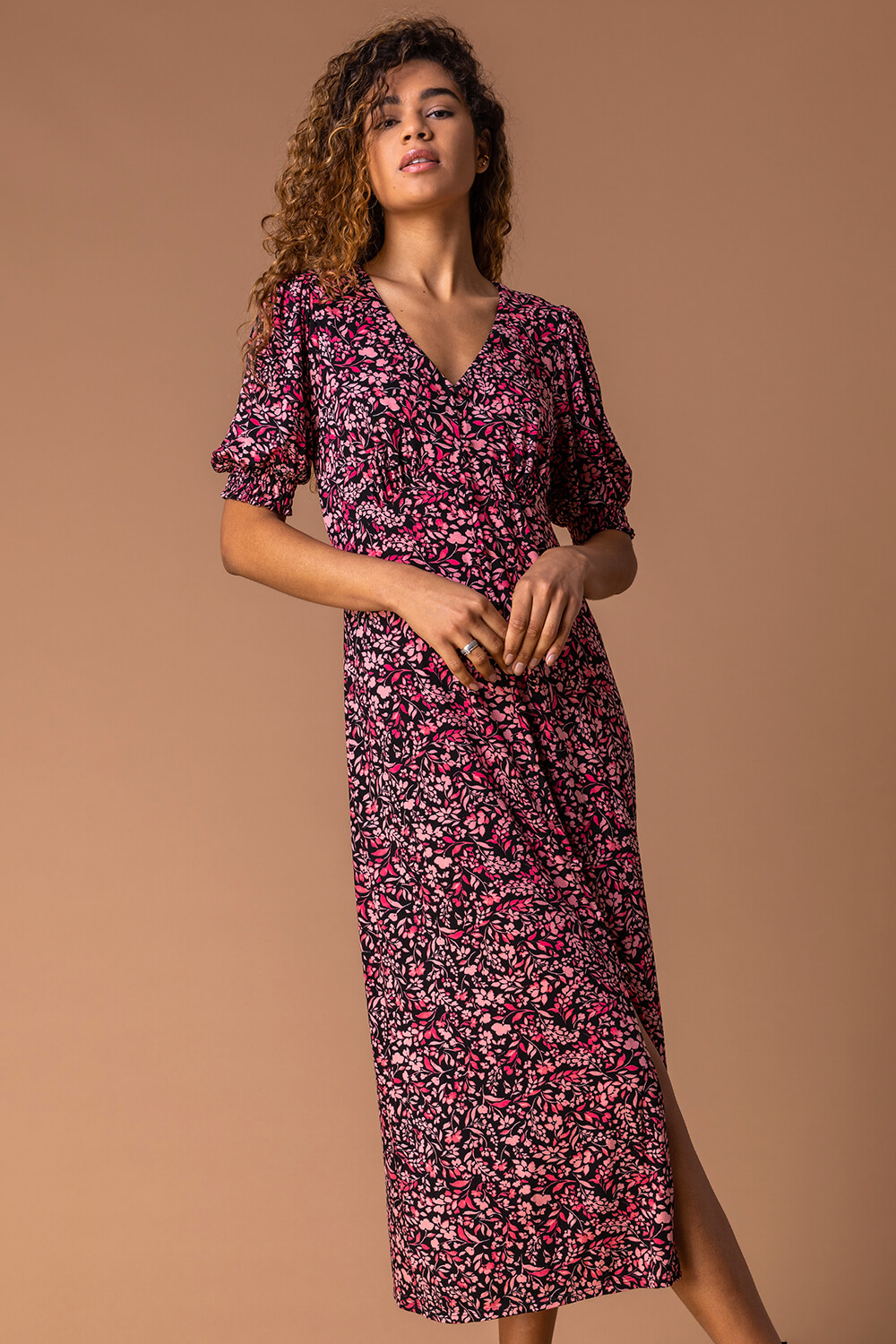 Floral Print Puff Sleeve Midi Dress