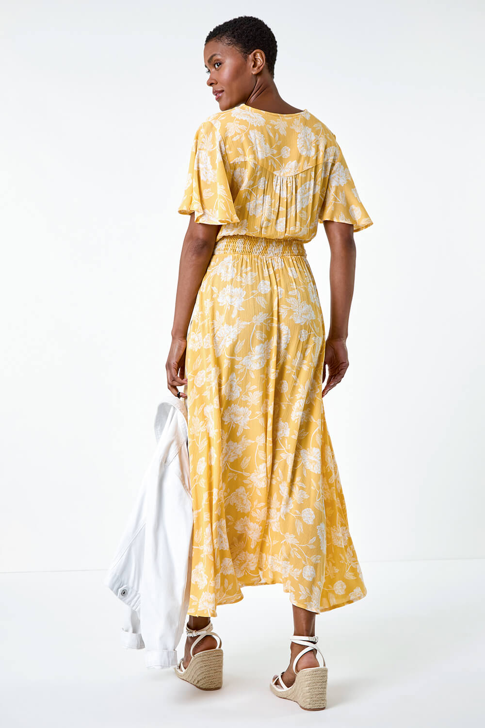 Bright Yellow Floral Print Tiered Midi Dress, Image 3 of 5