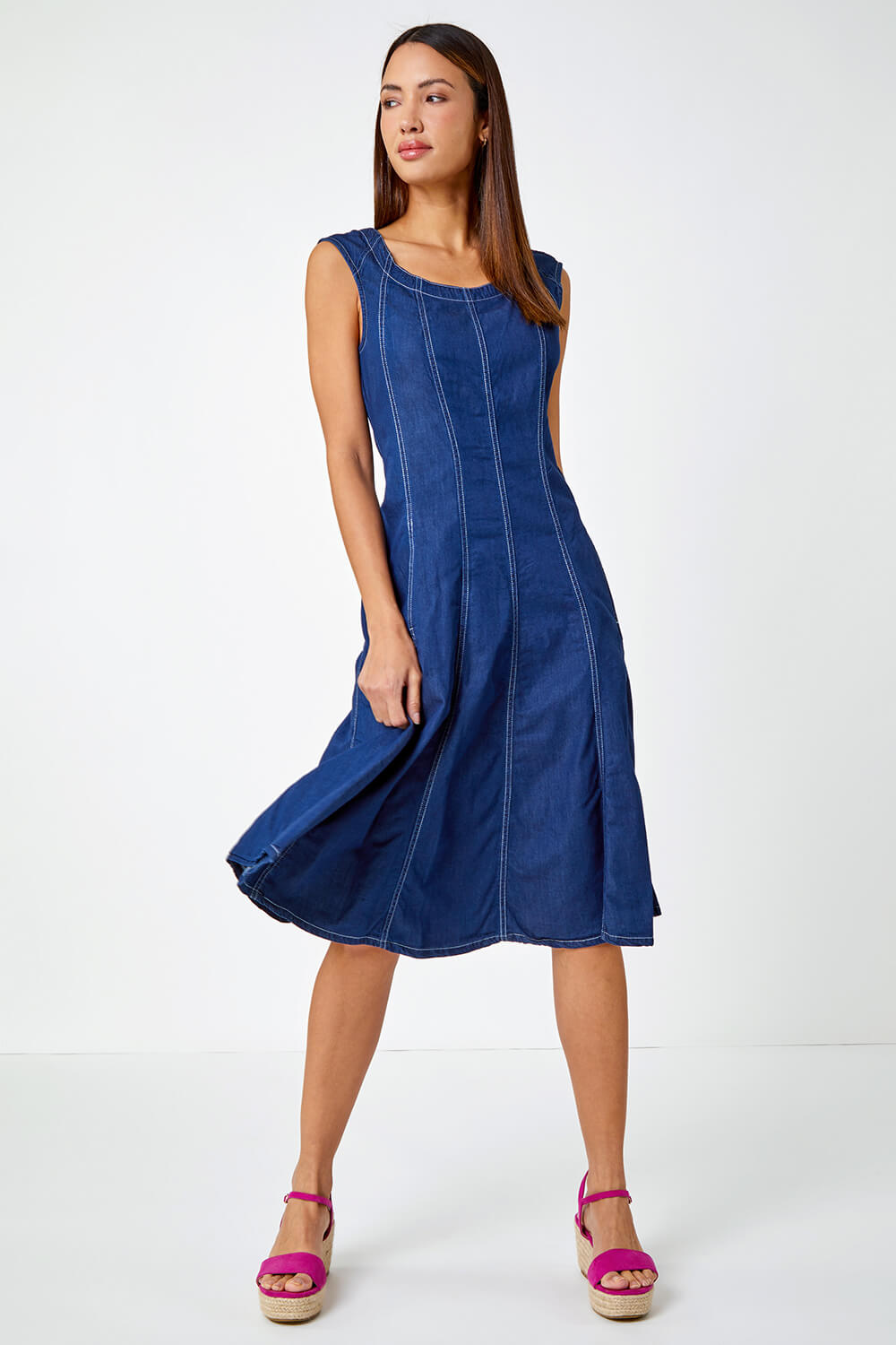 Studded Flounce Skirt Denim Dress | Denim dress, Flounce skirt, Stretch  denim fabric