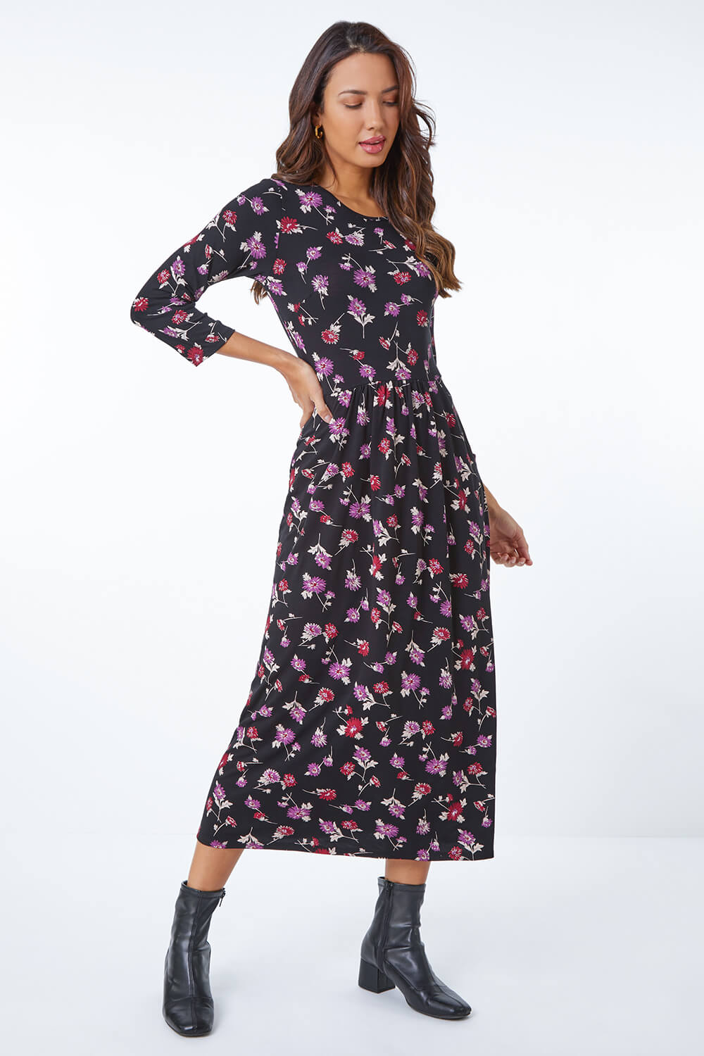 Floral Print Pocket Detail Midi Dress in Black - Roman Originals UK