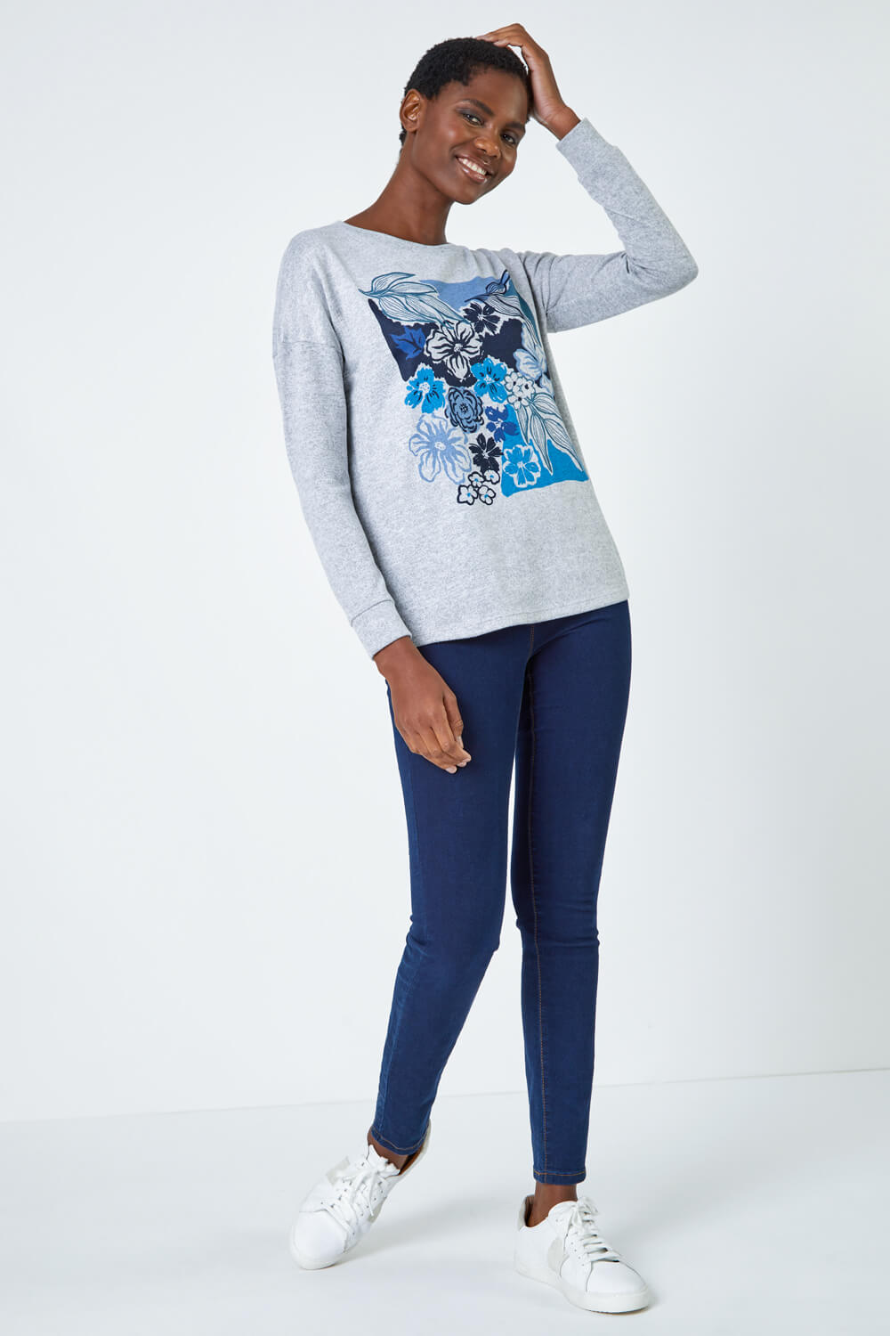 Blue Floral Placement Print Stretch Top, Image 3 of 5