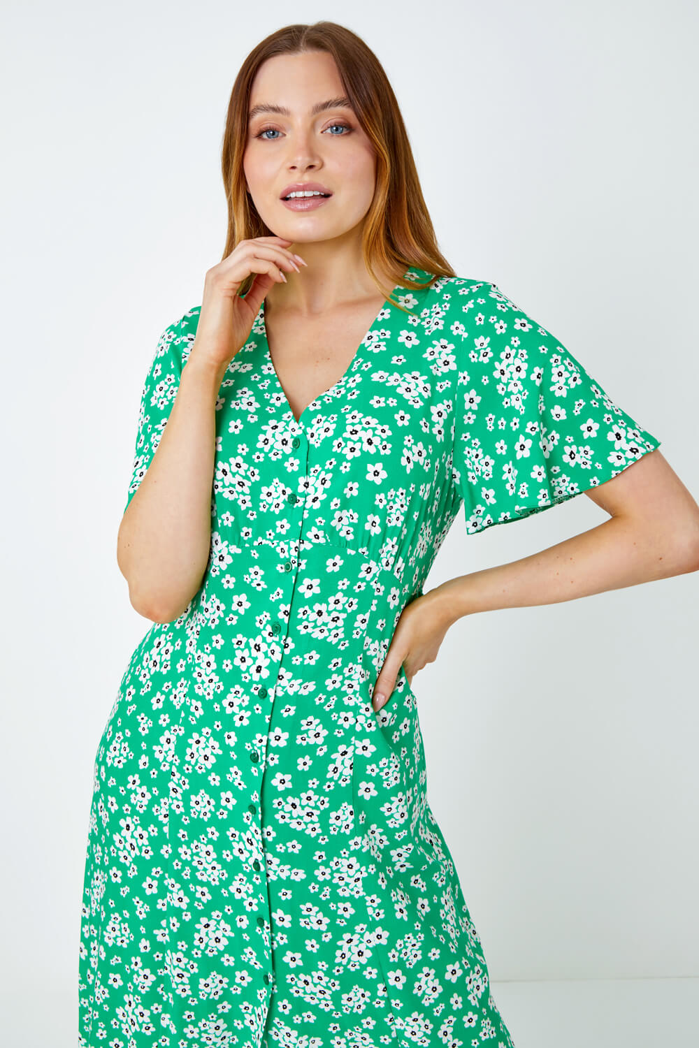 Green Floral Print Button Detail Midi Dress, Image 4 of 5