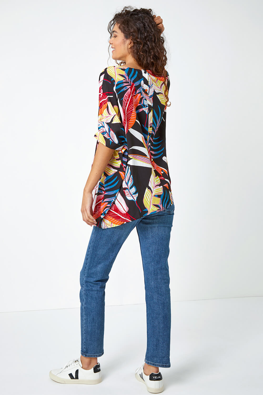 Black Tropical Print Button Back Top, Image 3 of 5