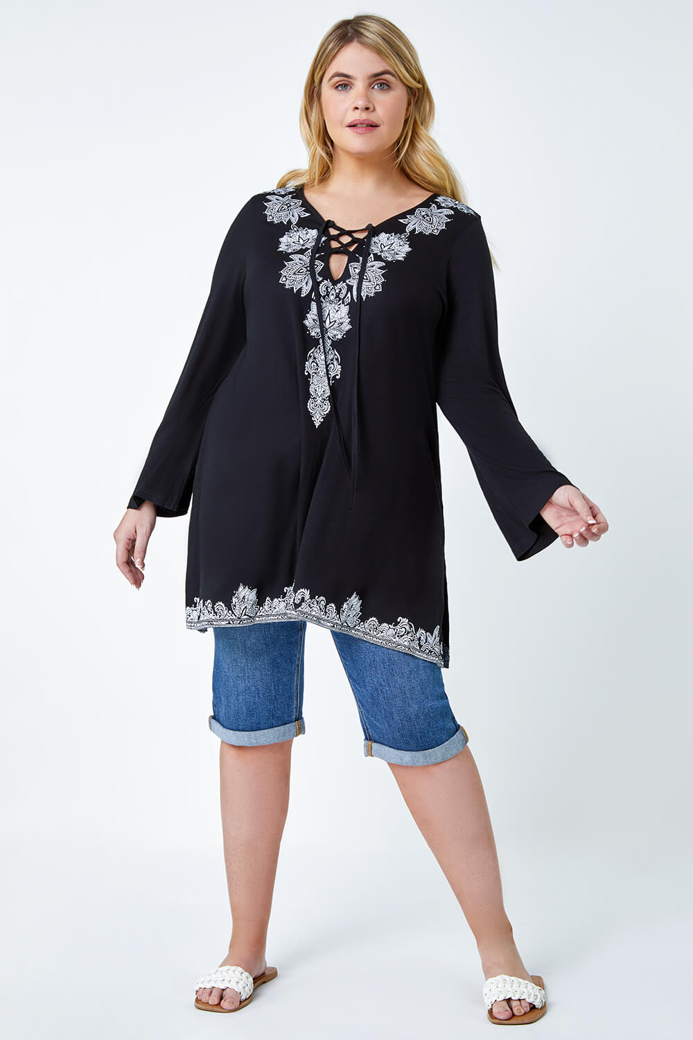 Black Curve Border Print Lace Up Top, Image 2 of 5