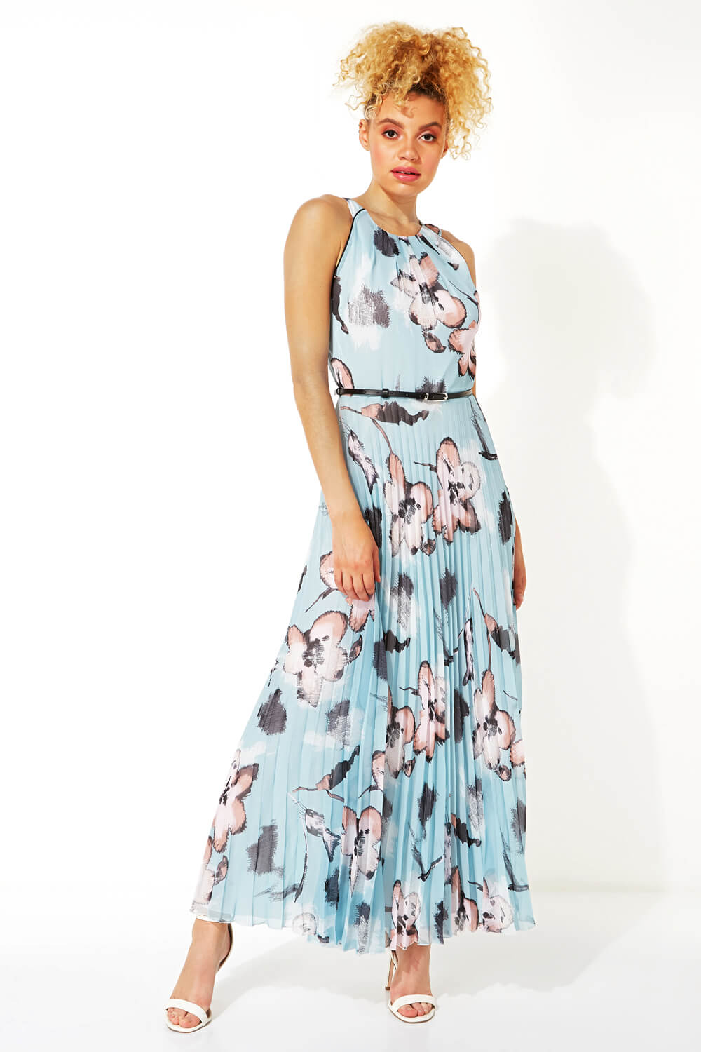 Floral Halter Neck Pleated Maxi Dress