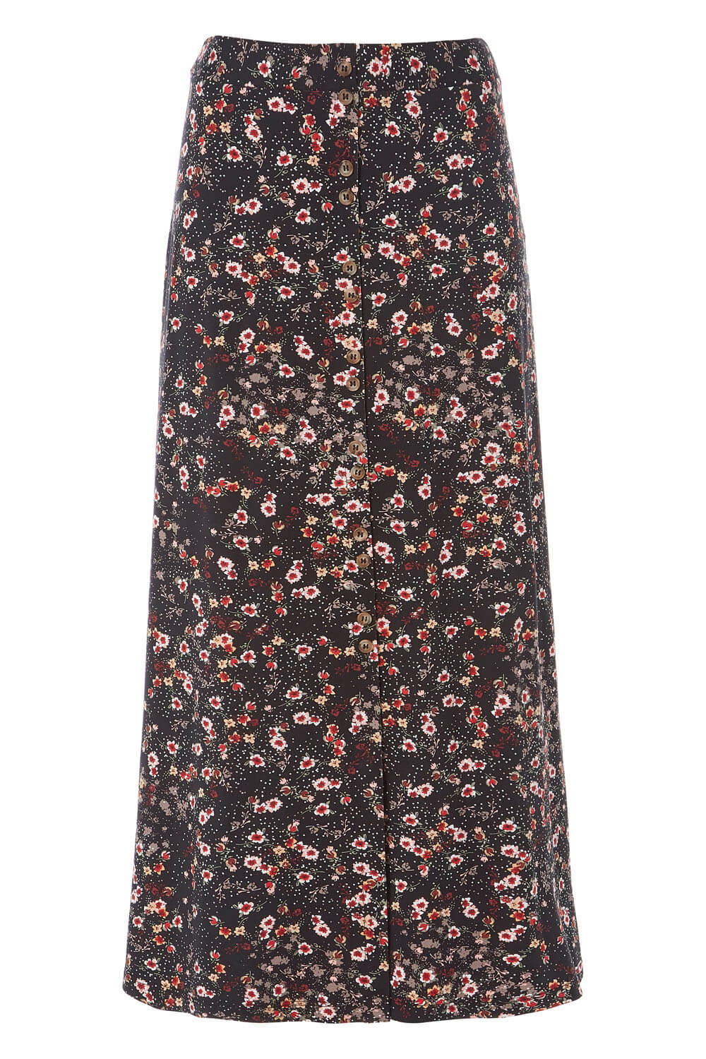 Black Floral Print Button Through Midi Skirt, Image 6 of 6