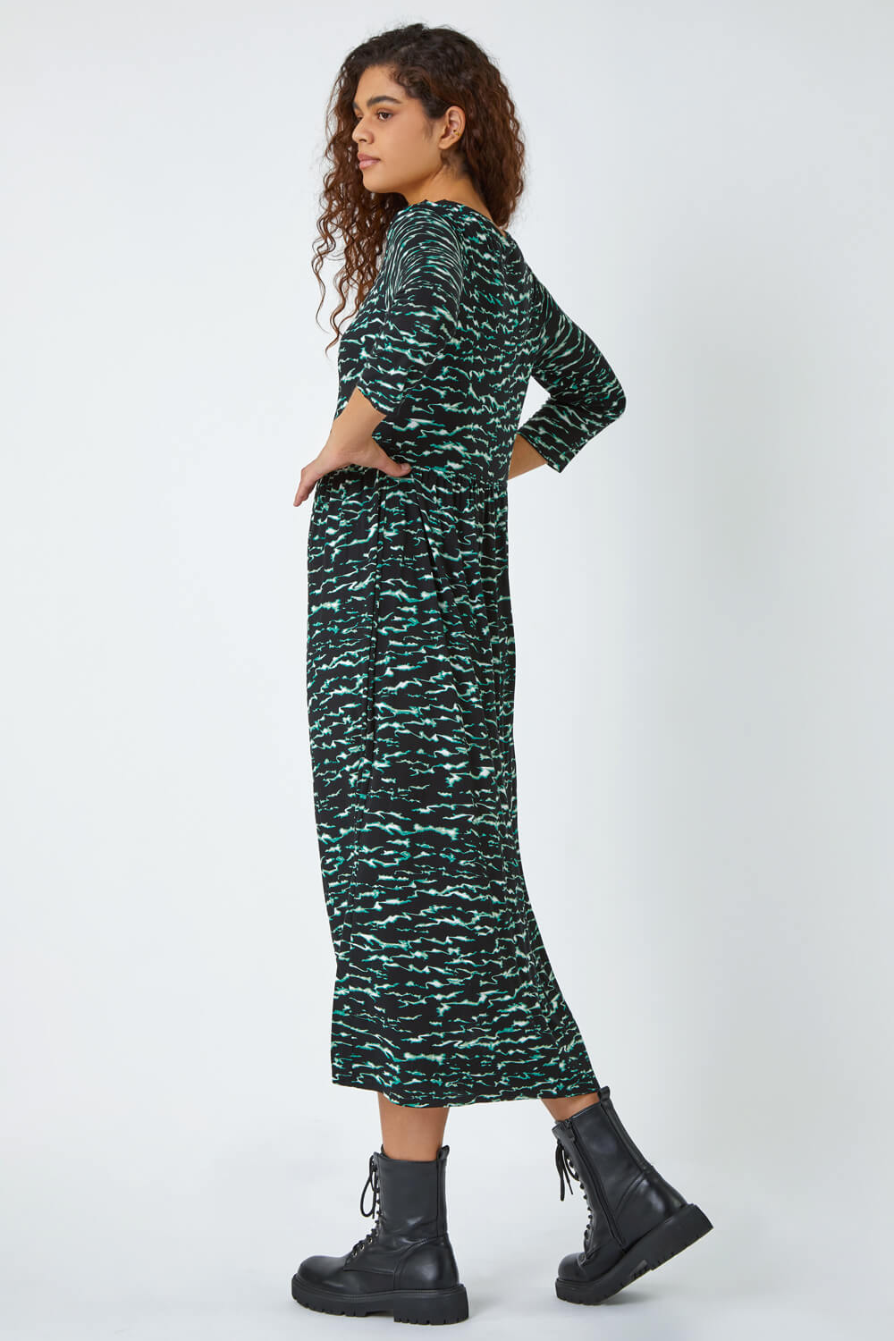 Green Abstract Wave Print Stretch Midi Dress, Image 3 of 5