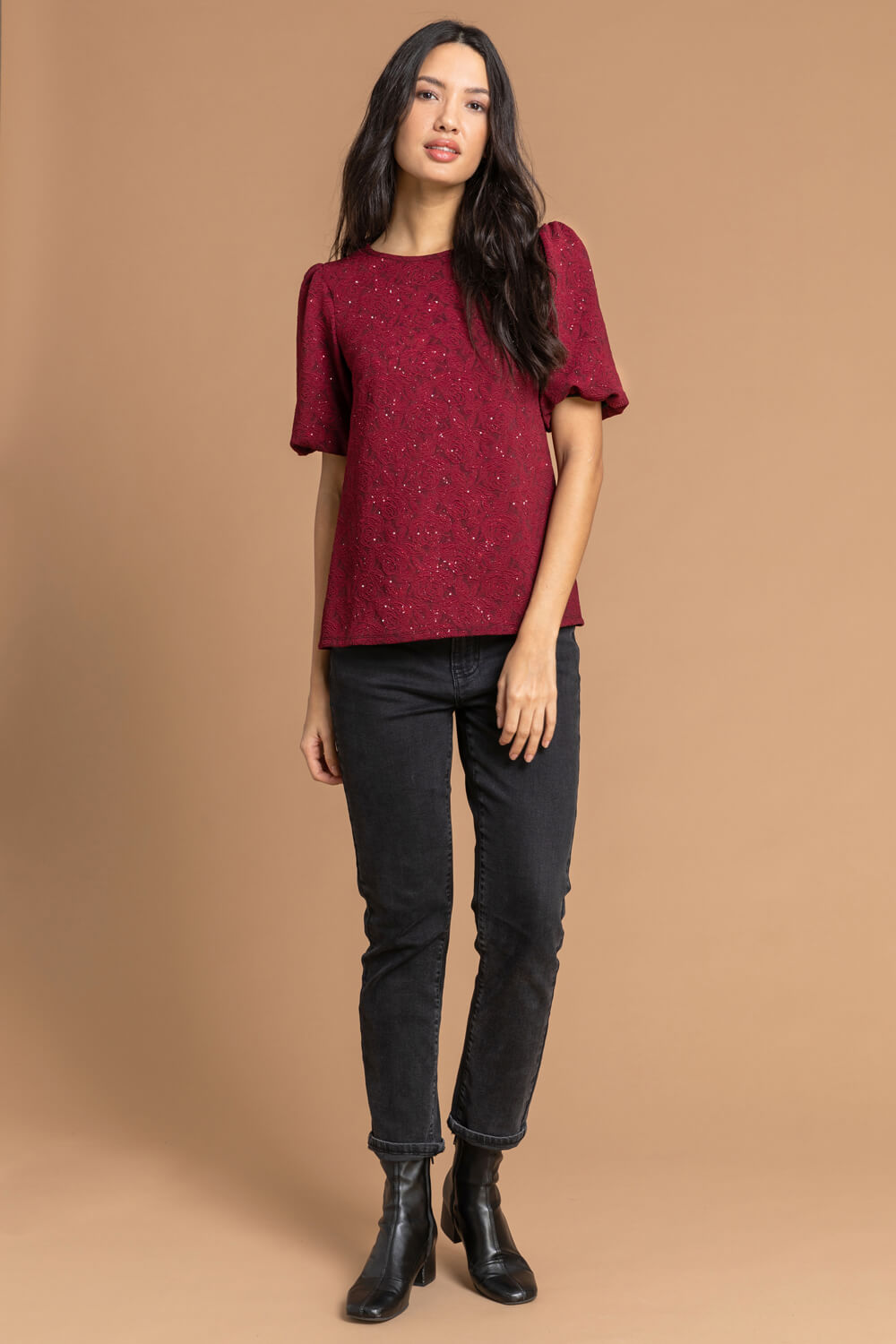 Red Floral Jacquard Puff Sleeve Top, Image 3 of 5