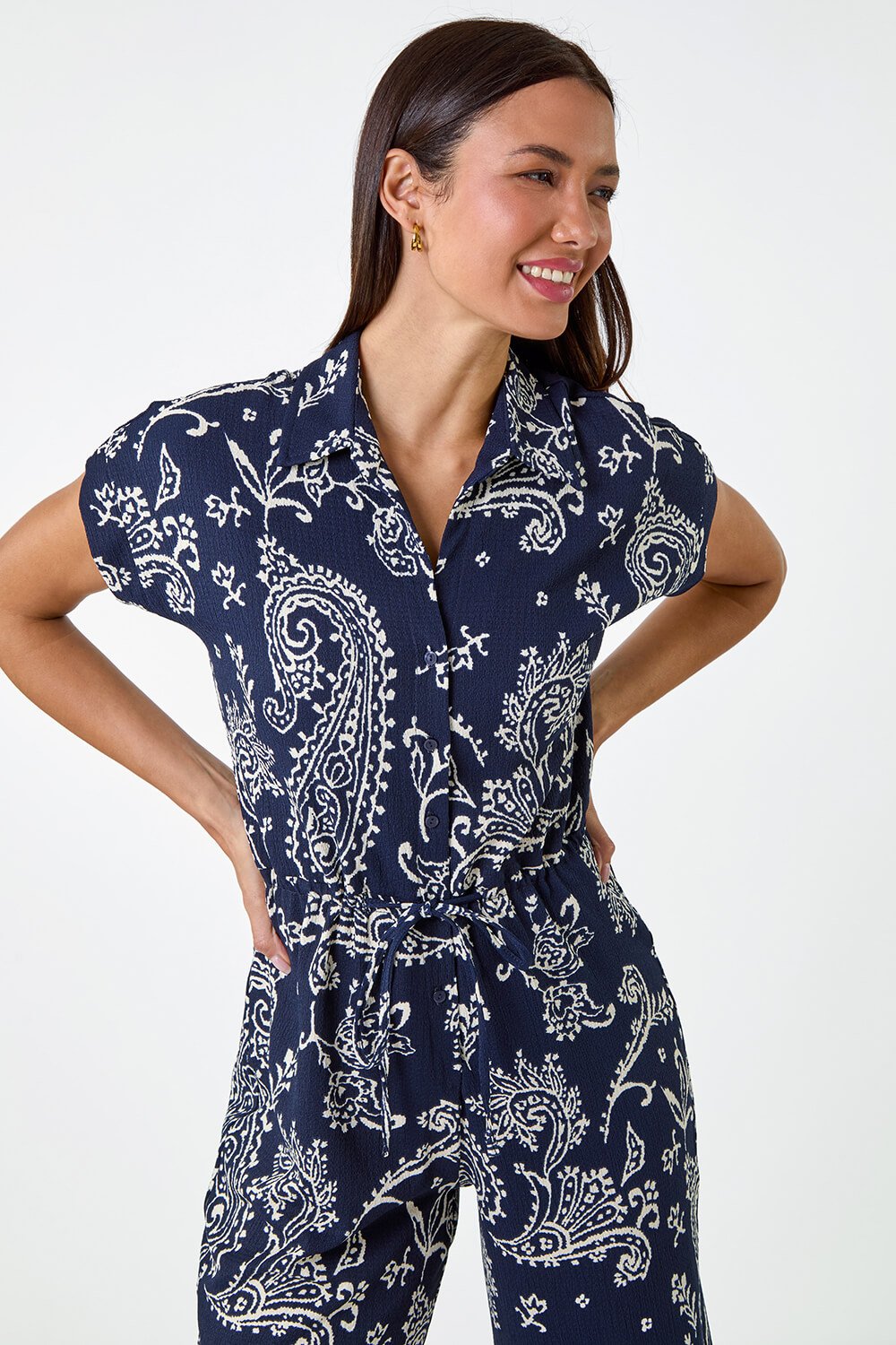 Navy  Paisley Textured Stretch Jersey Jumpsuit, Image 4 of 5
