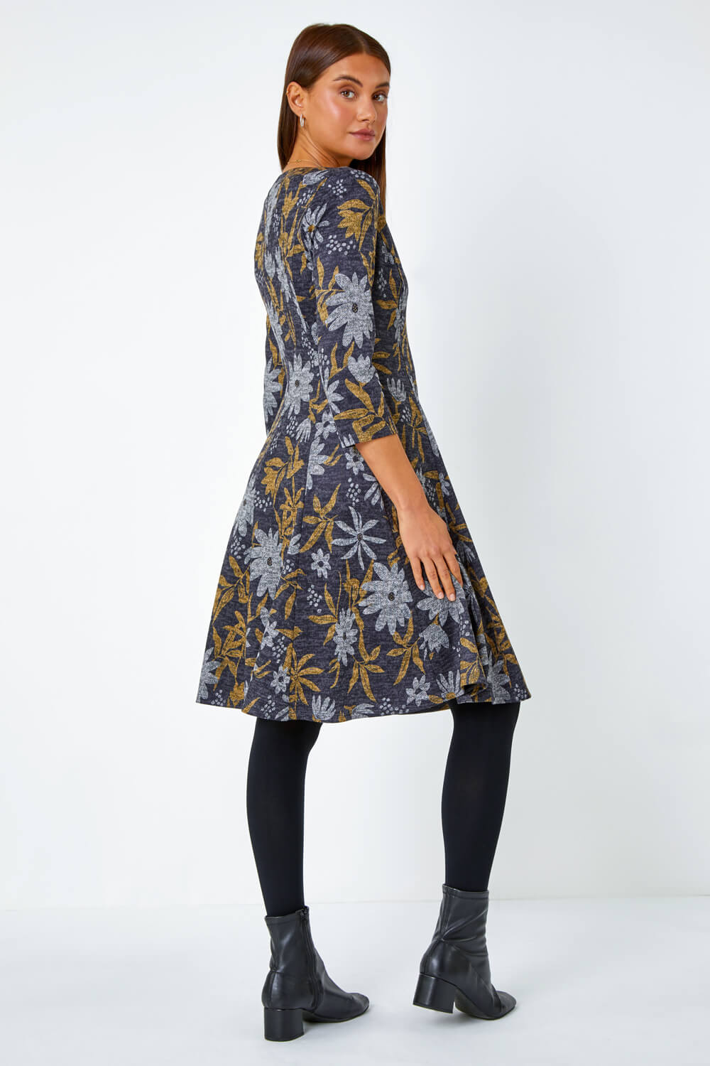 Yellow Floral Print Stretch Dress , Image 3 of 5