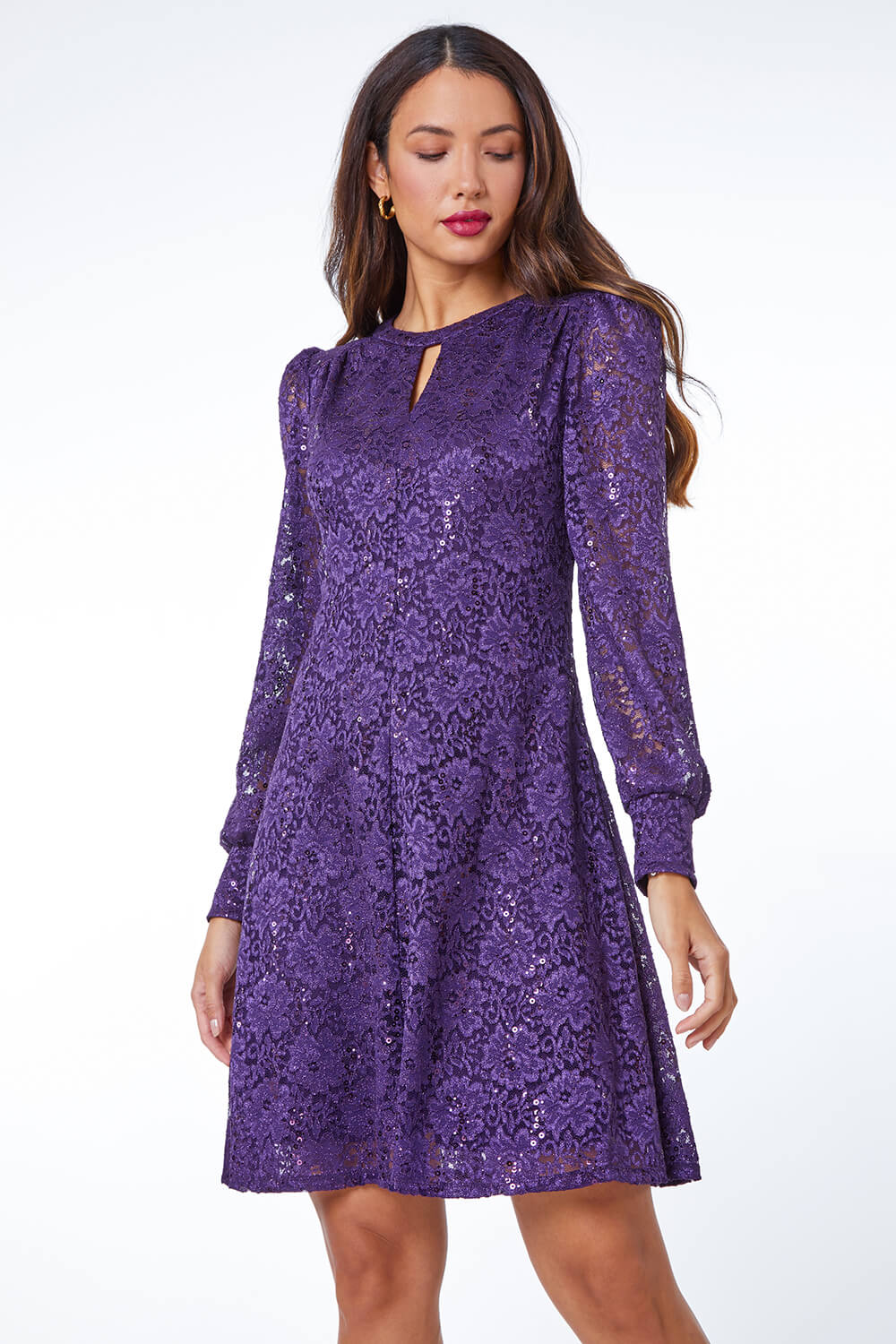 Purple Lace Swing Stretch Dress , Image 2 of 5