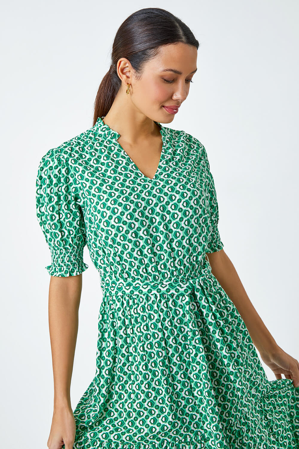 Green Geometric Tiered Belted Midi Dress, Image 4 of 5