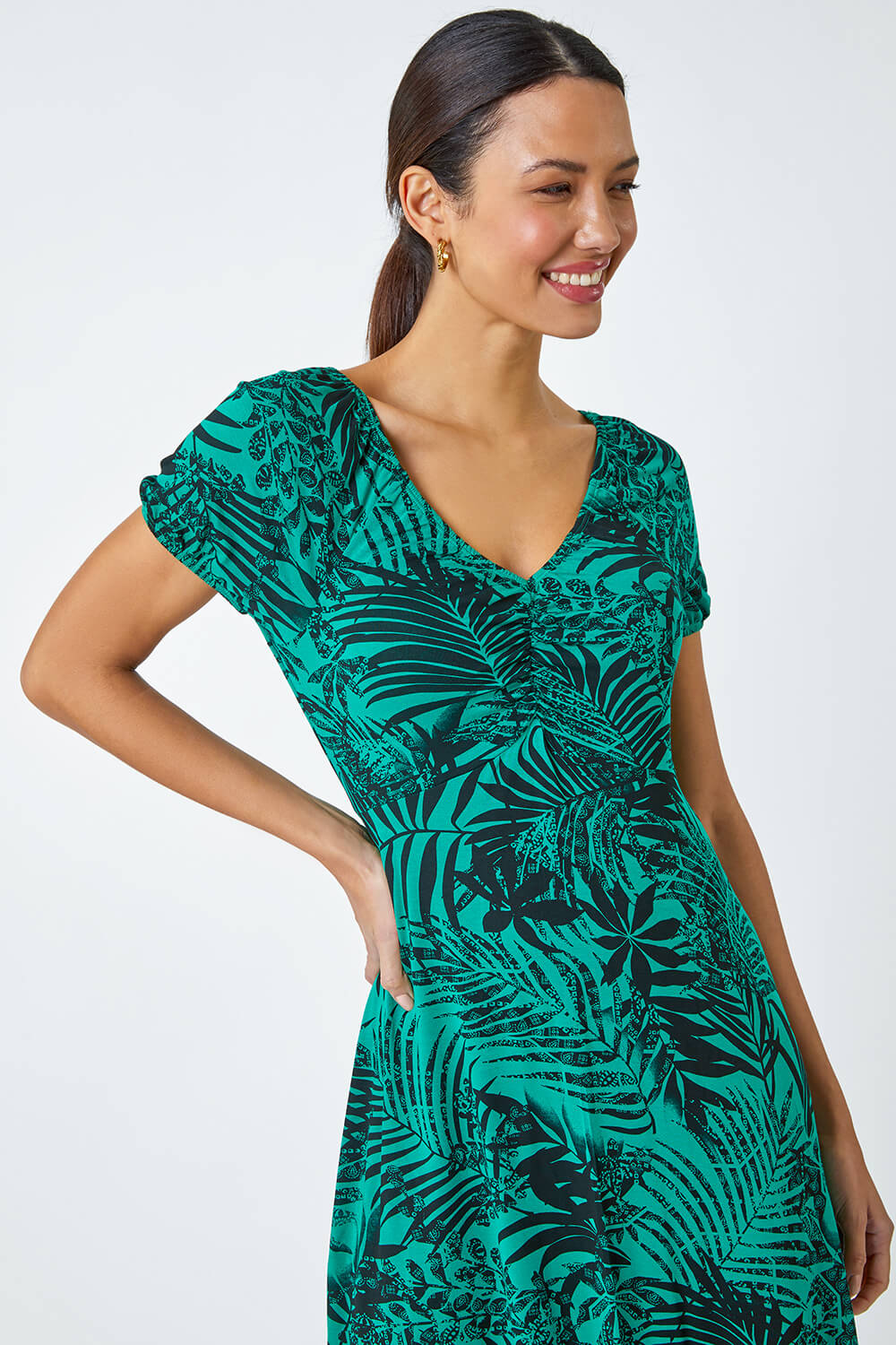 Green Leaf Print Stretch Ruched Dress, Image 4 of 5