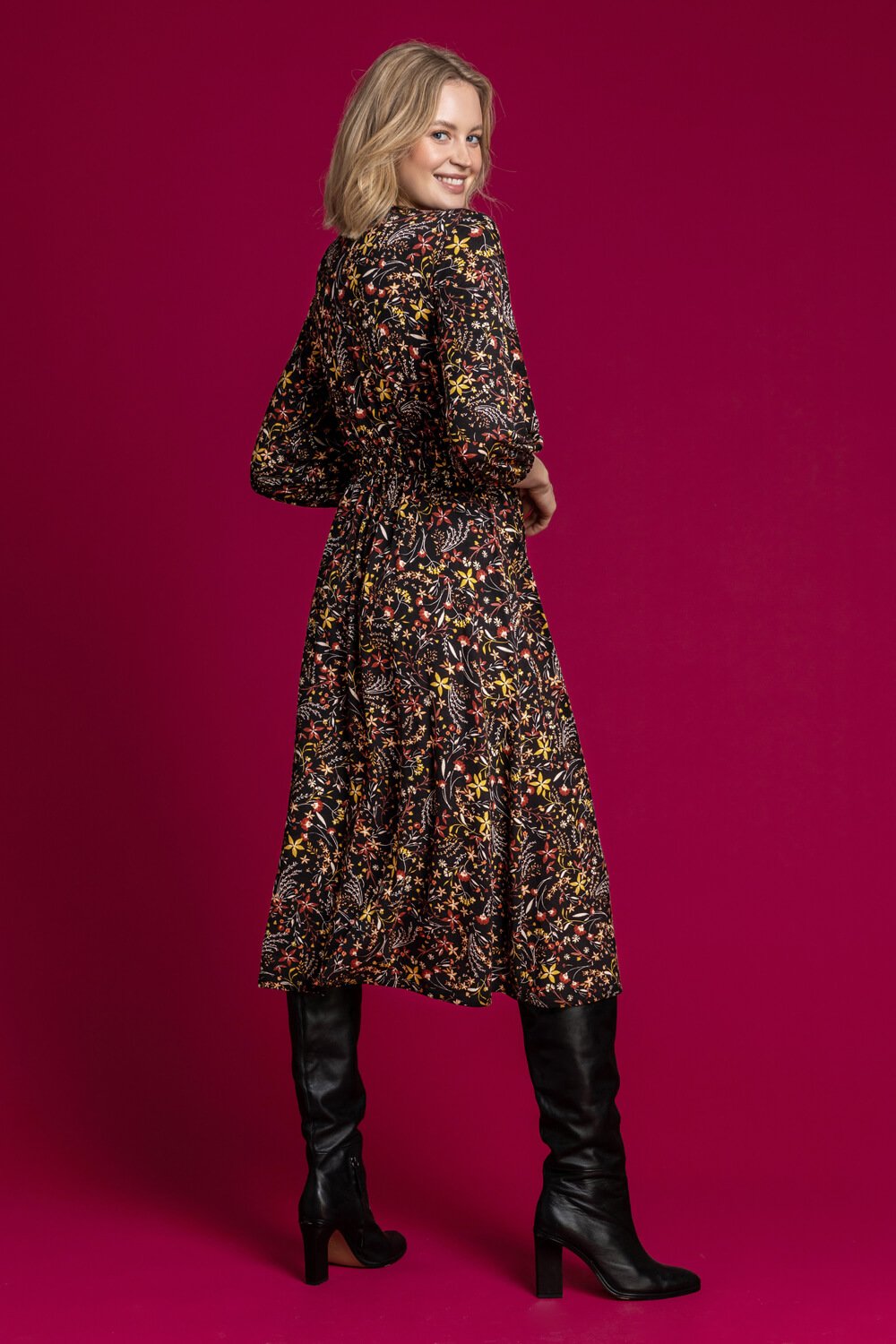 Copper Floral Print Tie Front Dress, Image 2 of 5
